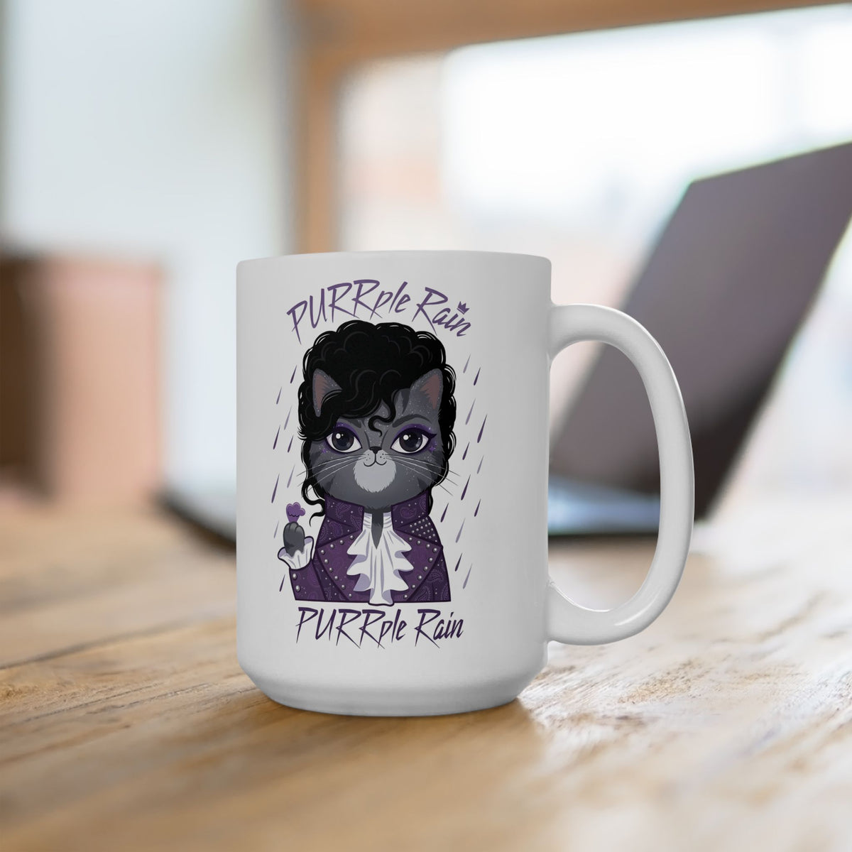 Purrple Rain Cat Parody Ceramic Mug — Cute Cat 'Purrple Rain' Graphic Mug