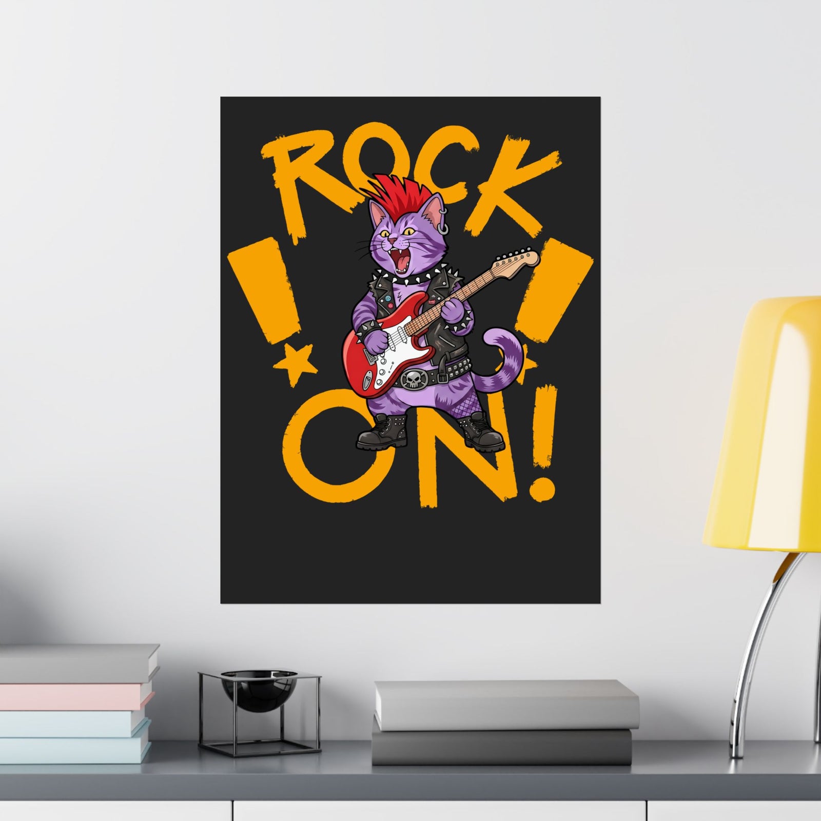 Rock On Punk Rock Cat Poster — Purple Feline Mohawk Electric Guitar Poster