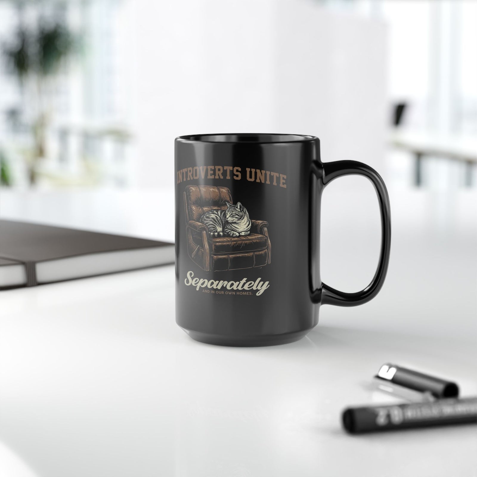 Introverts Unite Cat Black Mug — Funny Cat Graphic Mug for Introverts