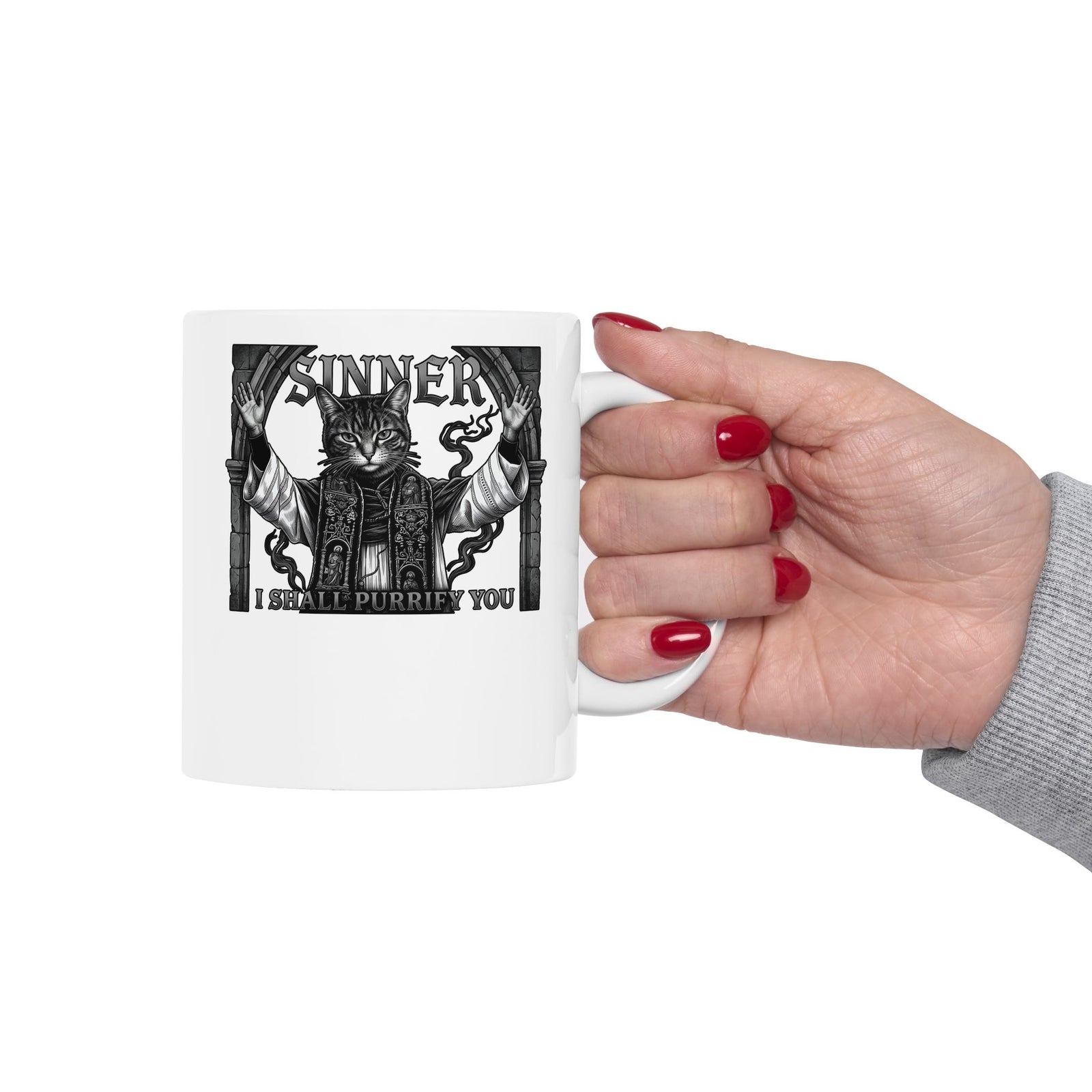 Sinner Shall I Purrify You Cat Mug — 'Purriest' Funny Gothic Cat Mug