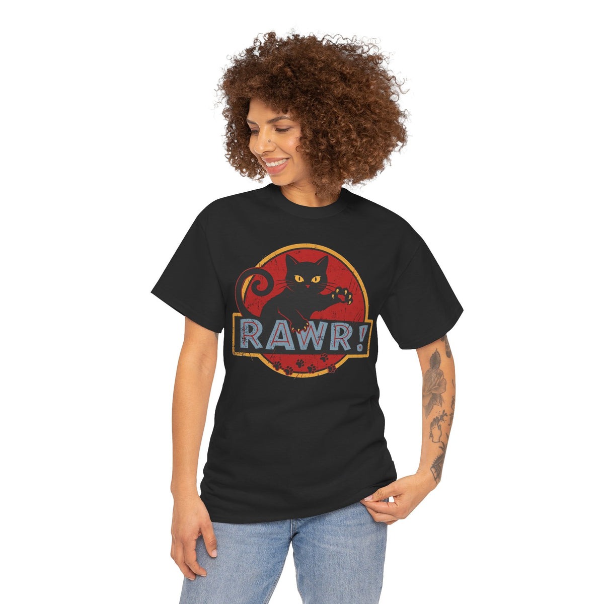 RAWR! Black Cat Graphic Tee — Vintage Dino Logo Parody T-Shirt
