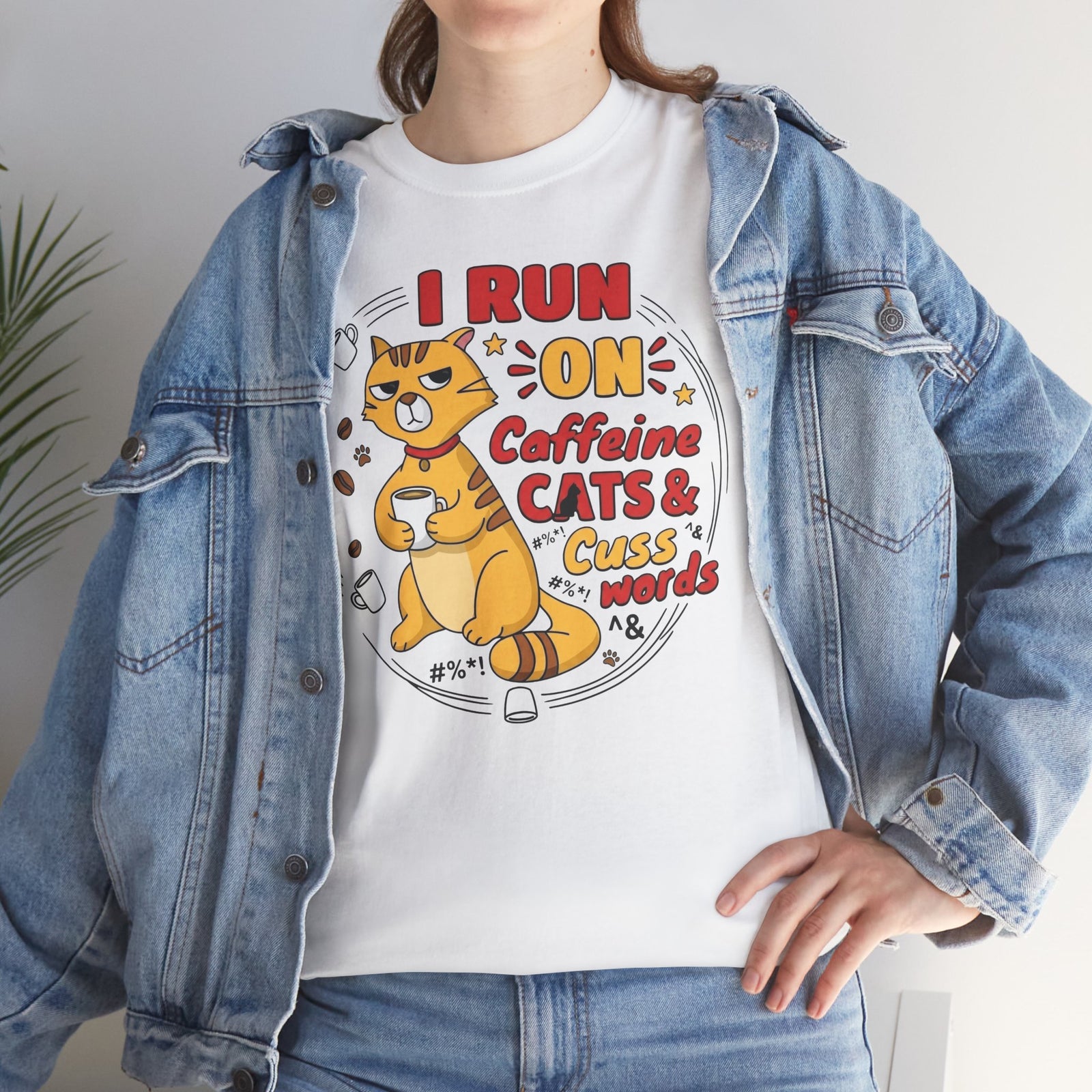 Caffeine, Cats & Cuss Words Tee Funny Cat Lover Coffee Shirt