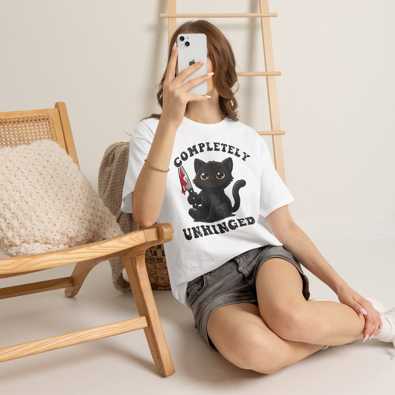 Completely Unhinged Black Cat T-Shirt — Funny Cute Psycho Knife Tee