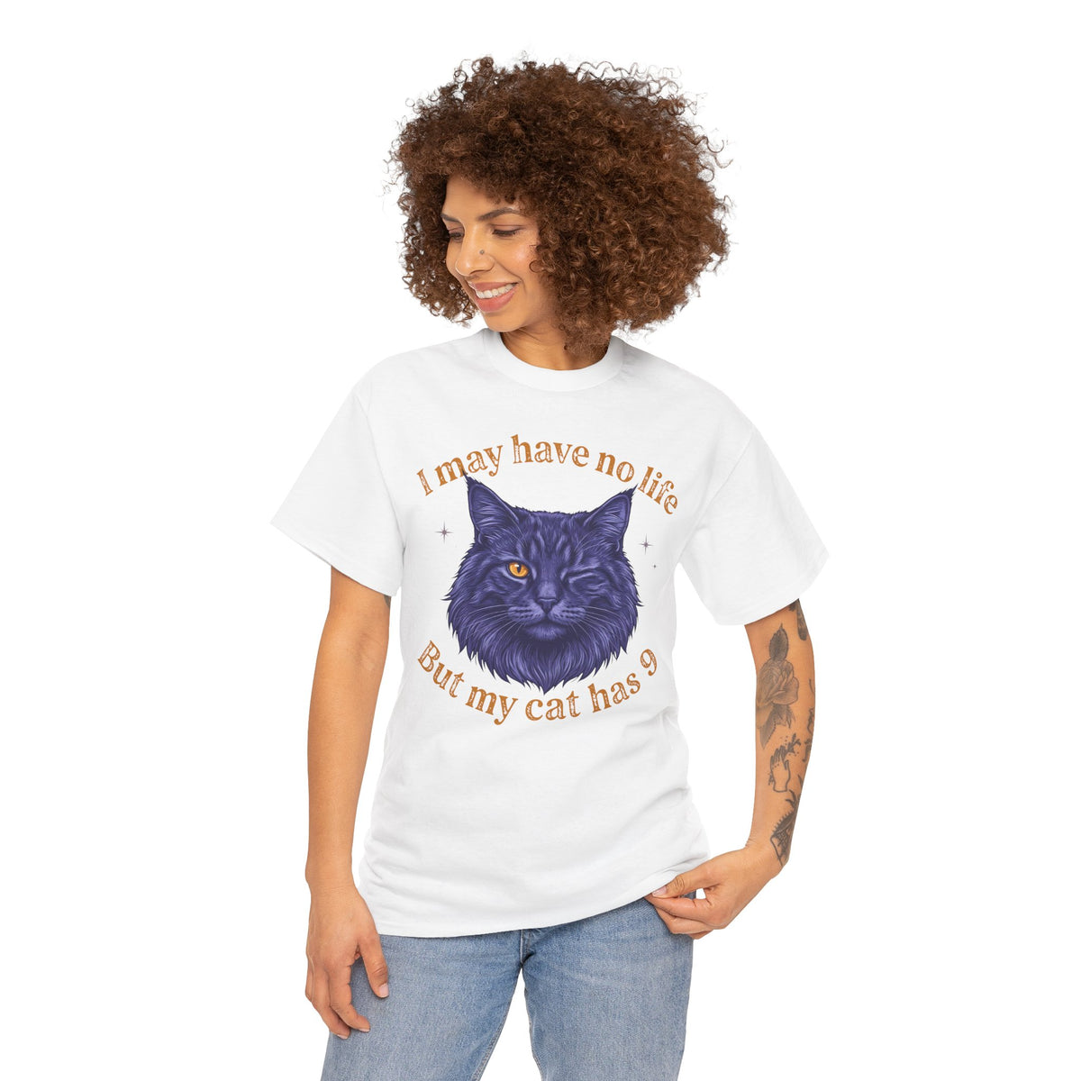 Cat Lover T‑Shirt — “I May Have No Life But My Cat Has 9” with Illustrated Cat