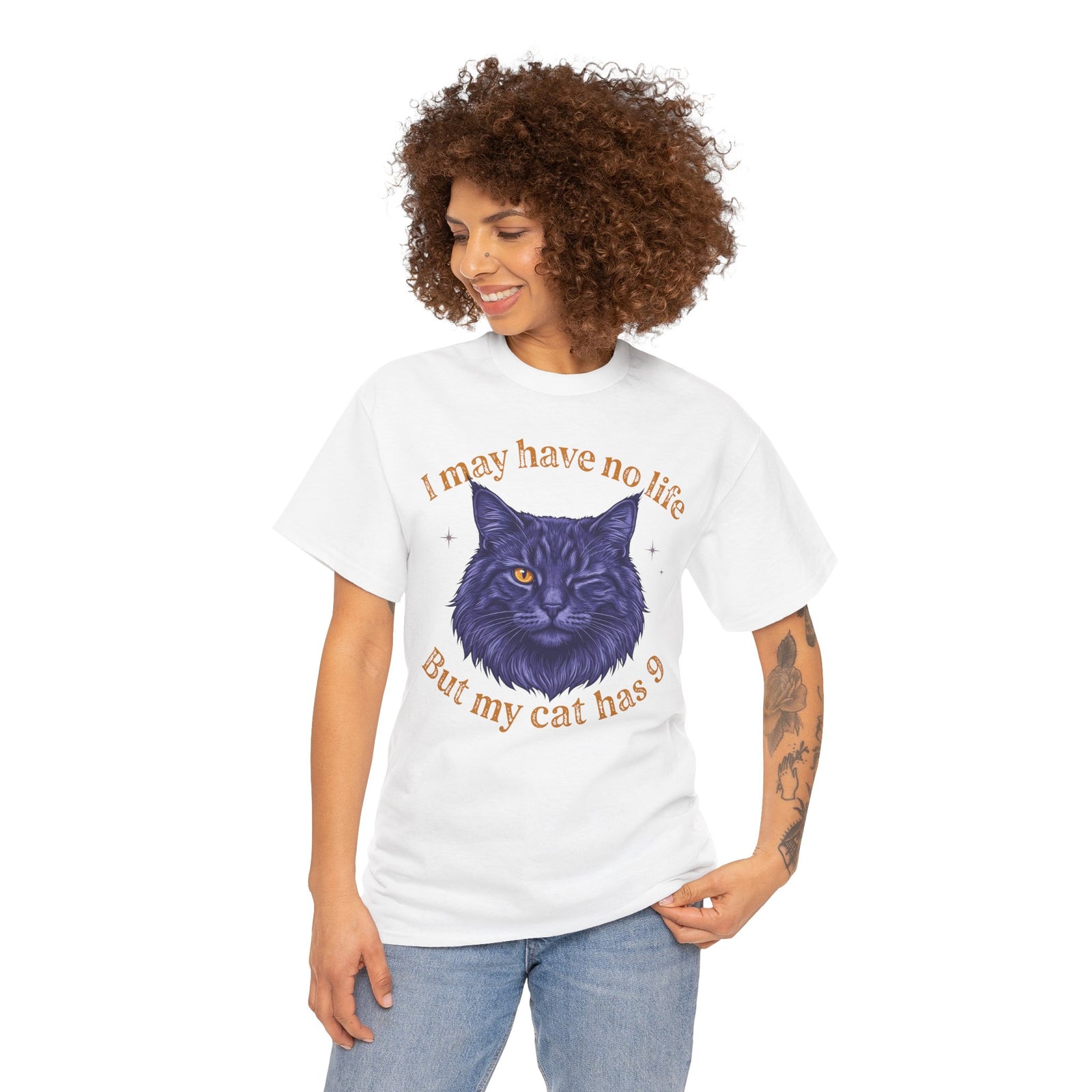 Cat Lover T‑Shirt — “I May Have No Life But My Cat Has 9” with Illustrated Cat