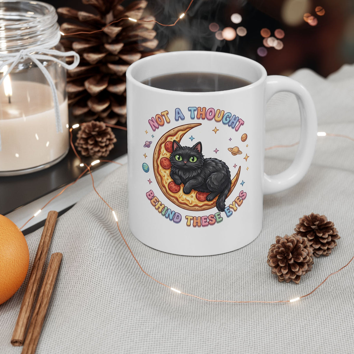 Not A Thought Behind These Eyes Ceramic Mug — Funny Black Cat Pizza Moon Mug