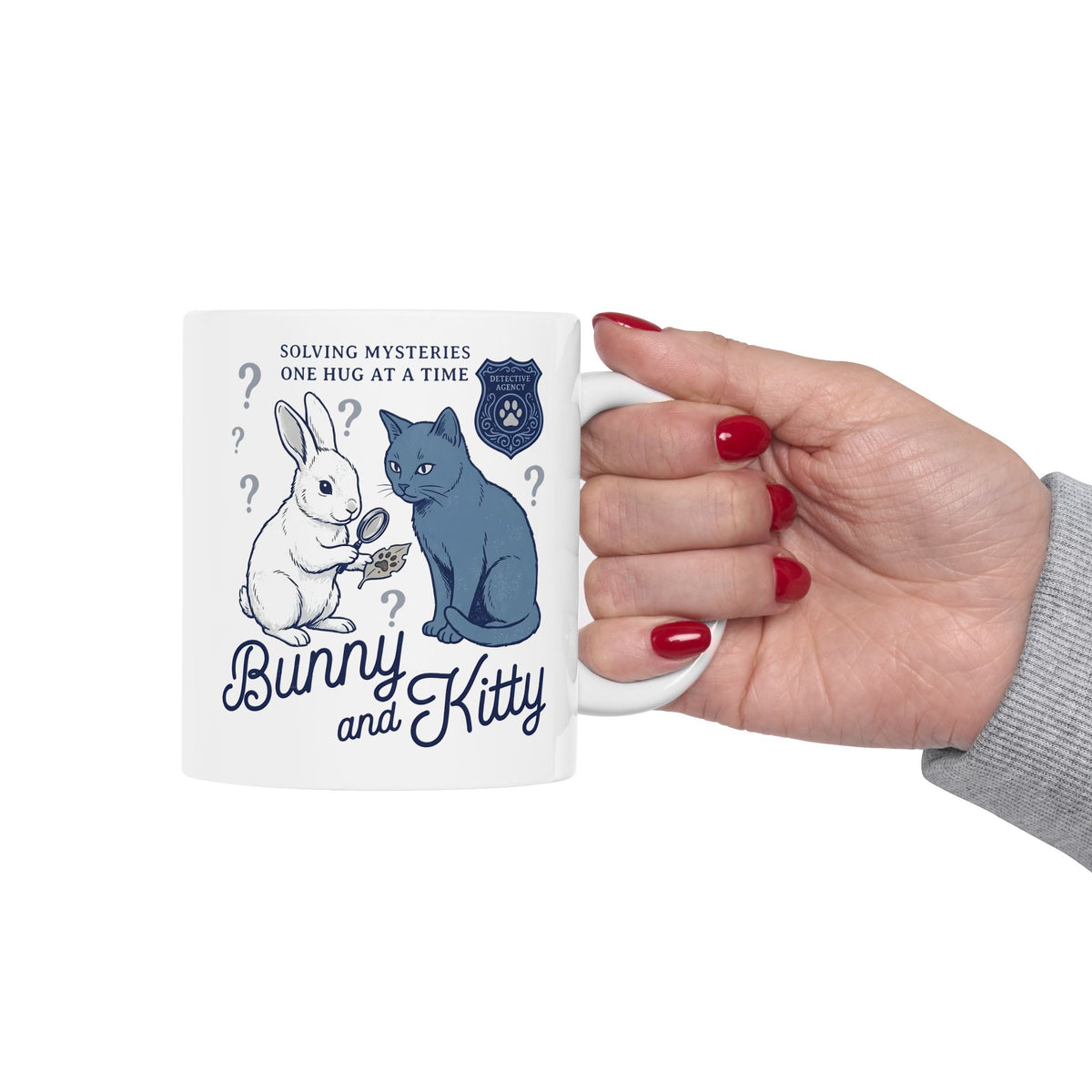 Detective Bunny & Kitty Ceramic Mug — Cute 'Solving Mysteries One Hug At A Time' Mug