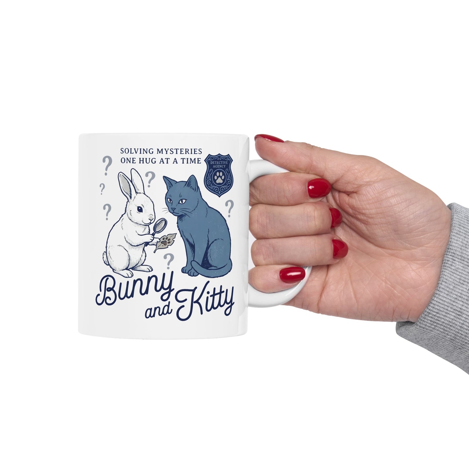 Detective Bunny & Kitty Ceramic Mug — Cute 'Solving Mysteries One Hug At A Time' Mug