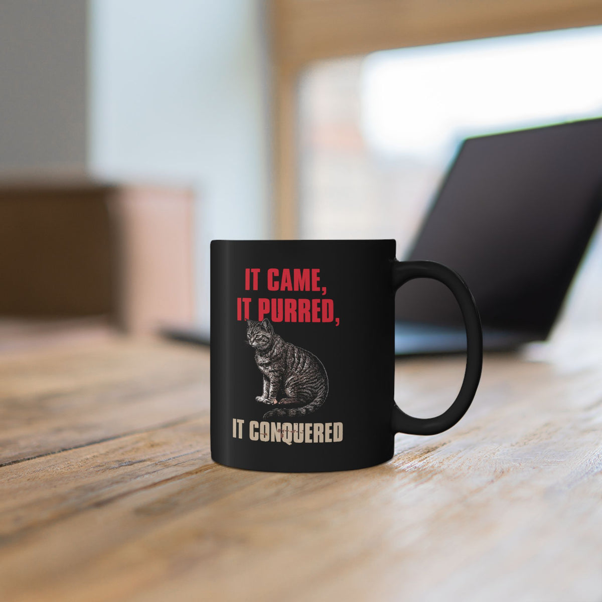 It Came It Purred It Conquered Black Mug — Funny Julius Caesar Cat Parody Mug