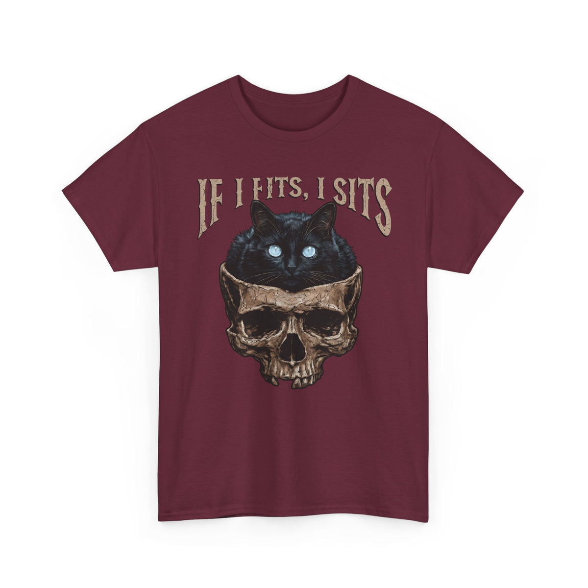 If I Fits I Sits Cat T-Shirt — Funny Gothic Black Cat Skull Graphic