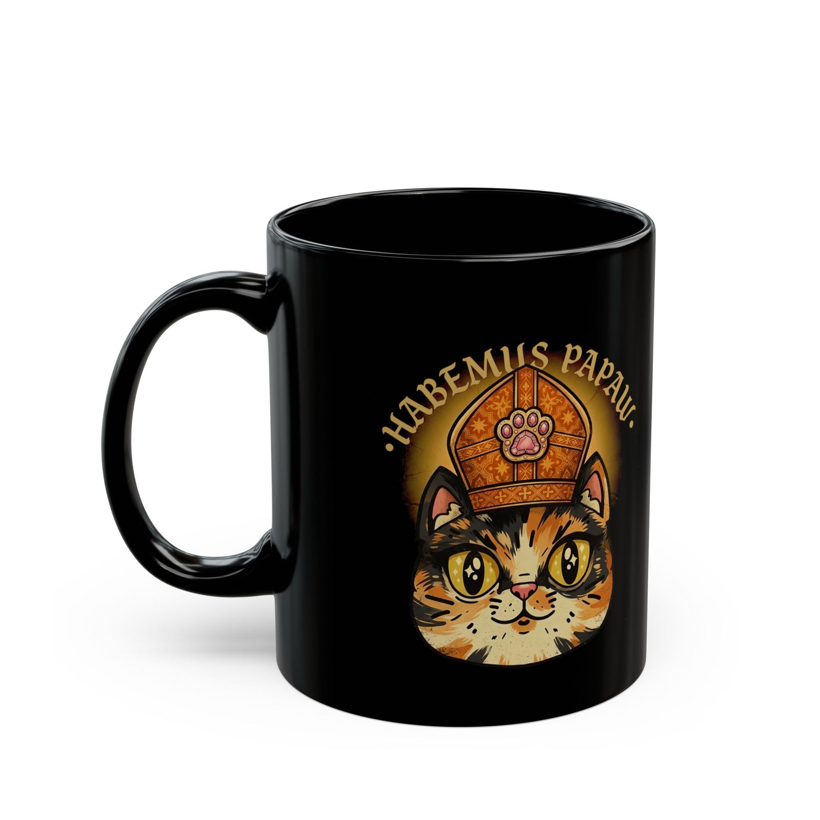 Funny 'Habemus Papaw' Catholic Kitten Black Mug — Pope Cat Graphic Mug