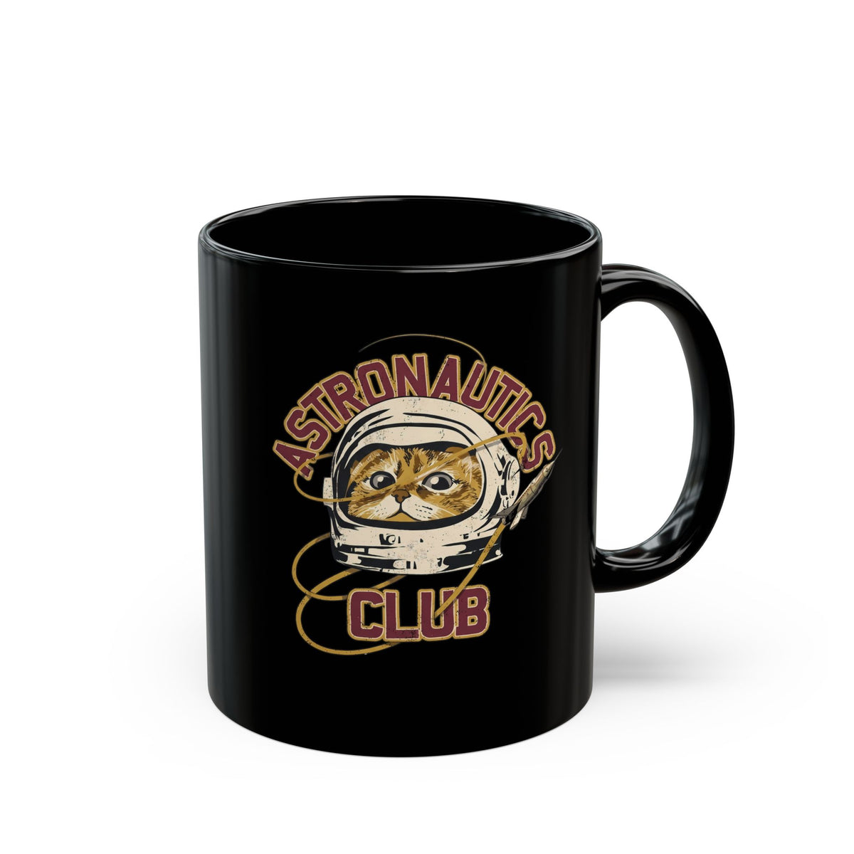 Astronautics Club Black Mug — Retro Space Cat Astronaut Graphic Mug