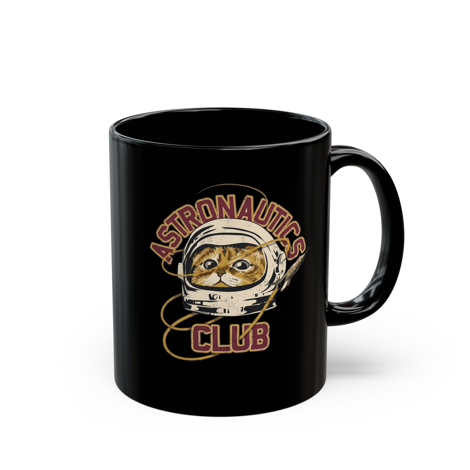 Astronautics Club Black Mug — Retro Space Cat Astronaut Graphic Mug