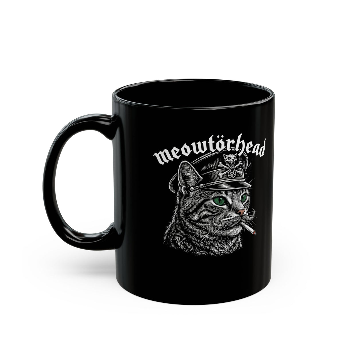 Meowtörhead Cat Band Mug — Retro Rock Cat Graphic Black Mug