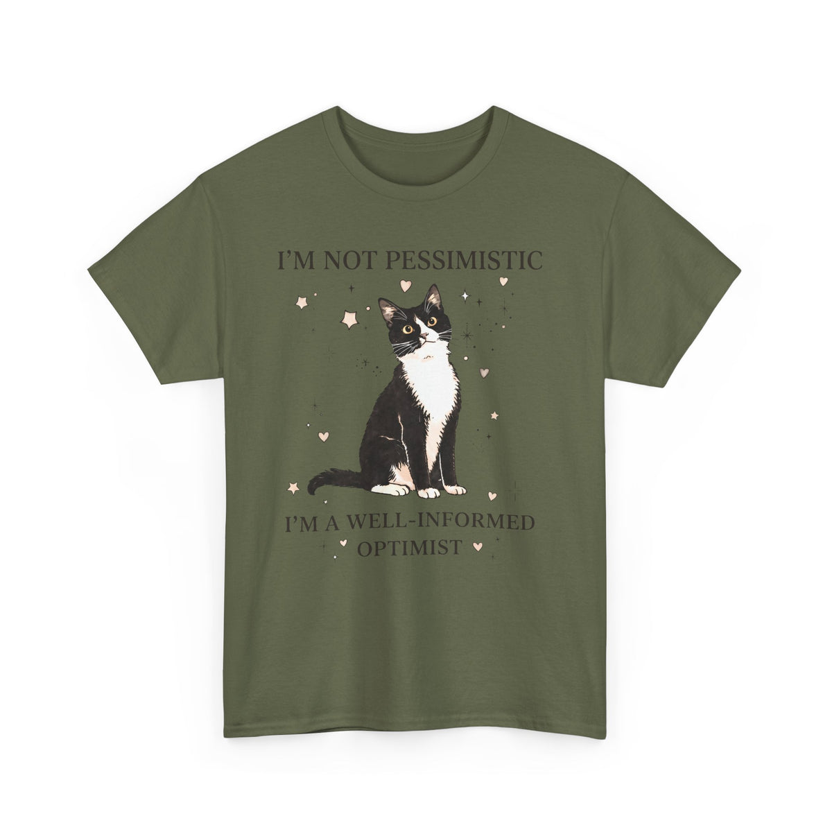 Well-Informed Optimist Tuxedo Cat T-Shirt — Funny Sarcastic Feline Graphic Tee