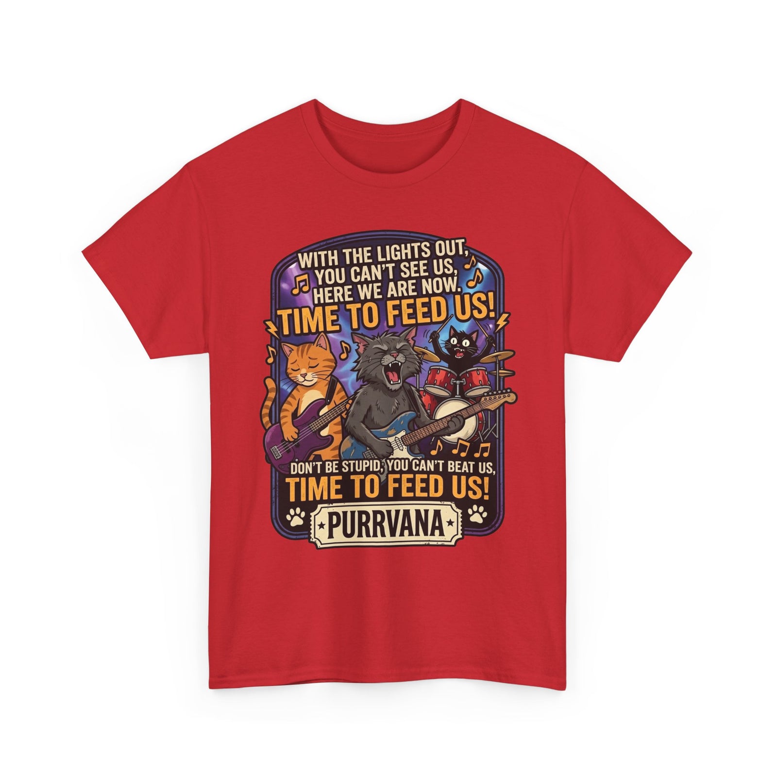 Purrvana Cat Band Graphic Tee — “Time to Feed Us!” Funny Cat Music T-Shirt
