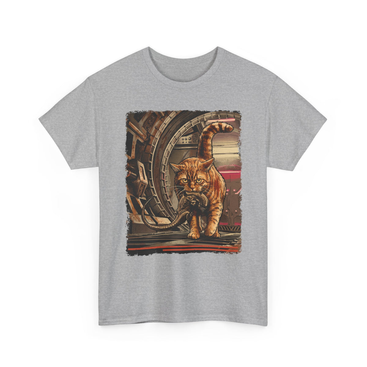 Sci-Fi Pest Control Cat T-Shirt — Alien Hunter Orange Tabby Graphic
