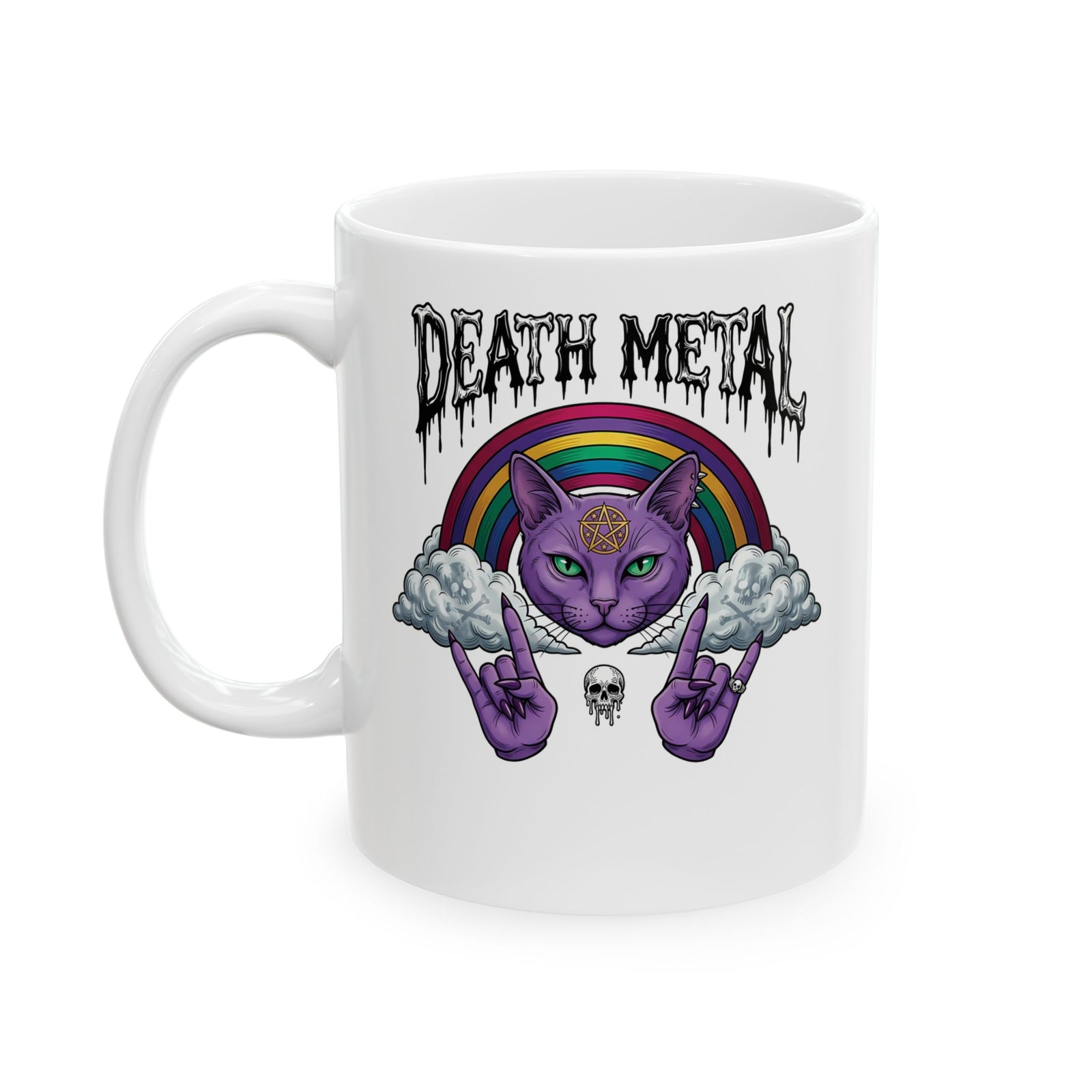 Death Metal Cat Ceramic Mug — Gothic Black Cat Mug for Metal Fans