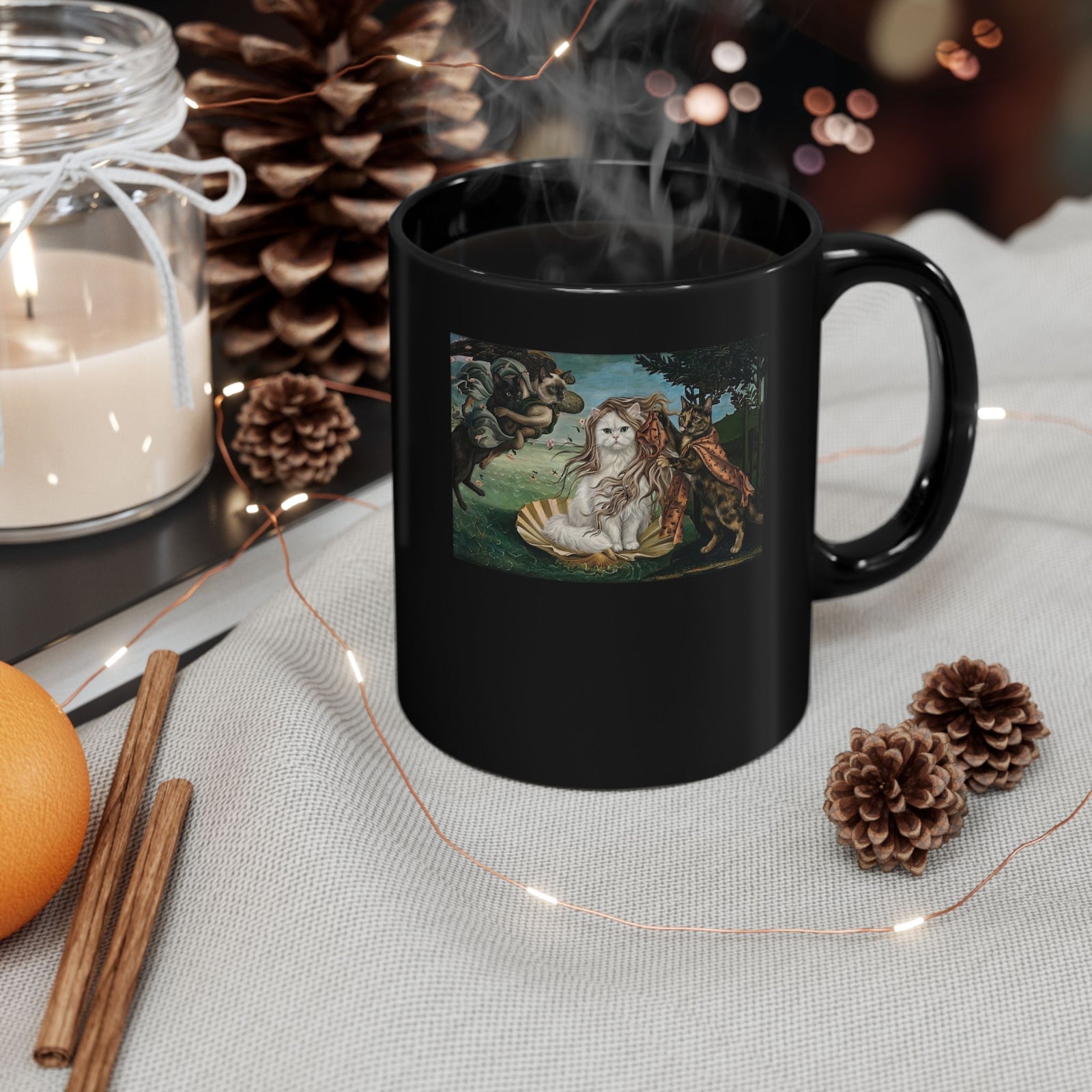 Birth of Venus Kitty Black Mug — Vintage Art Cat Mug