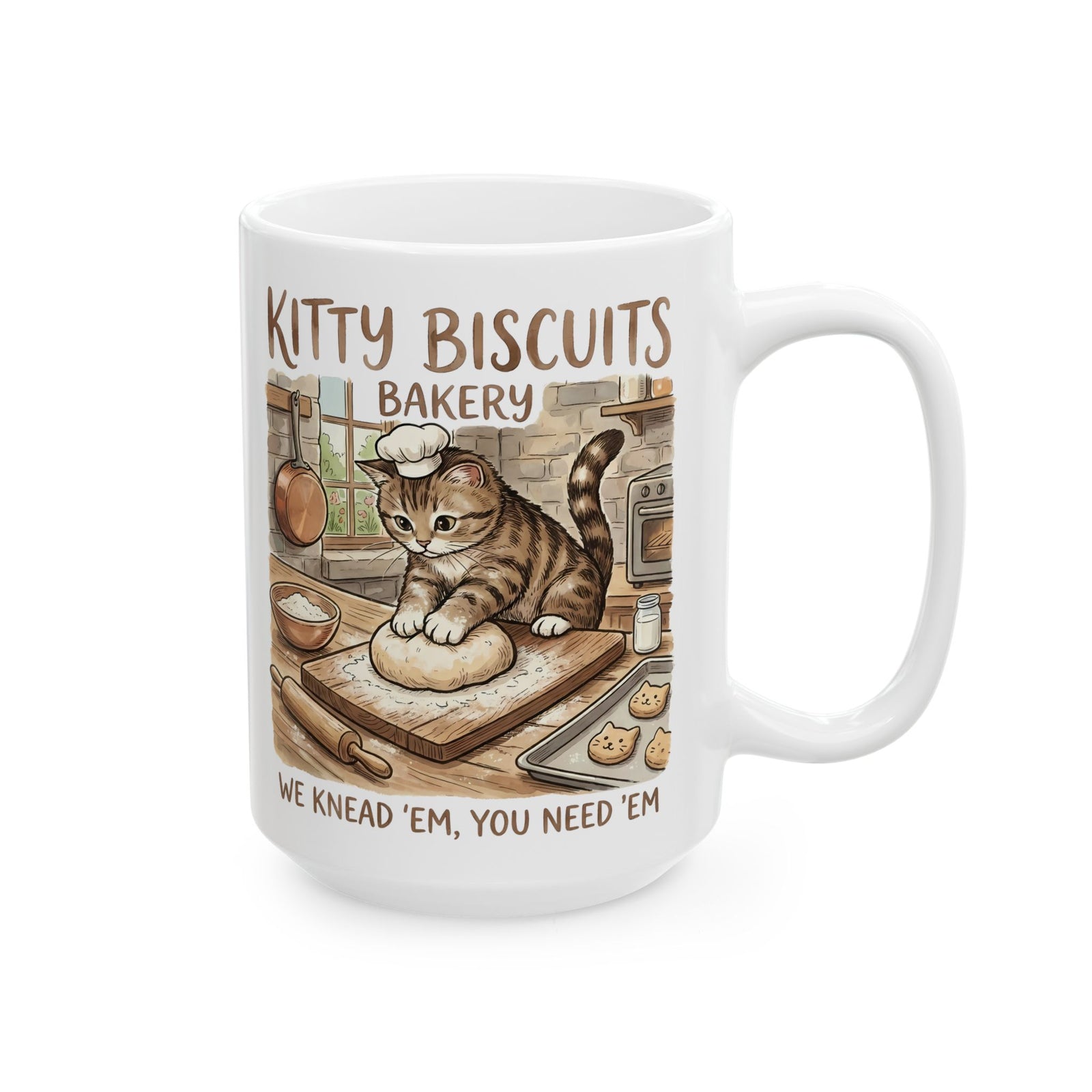 Kitty Biscuits Bakery Ceramic Mug — "We Knead 'Em We Need 'Em" Cat Bakery Mug