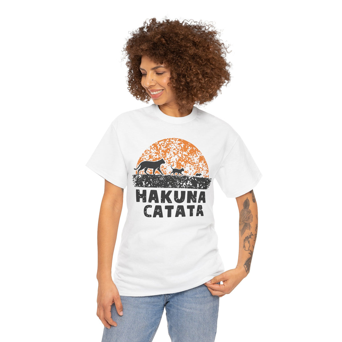 Hakuna Catata T‑Shirt — Funny Cat Rescue Tee with Sunset Silhouette