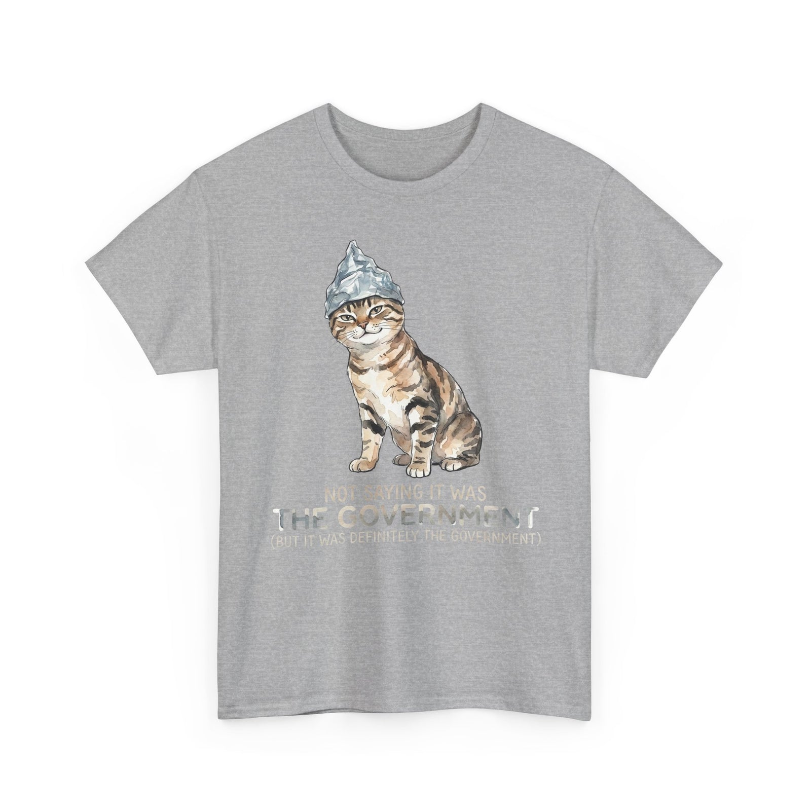 Conspiracy Cat T-Shirt — Funny Tin Foil Hat Cat Tee (“Not Saying It Was The Government”)