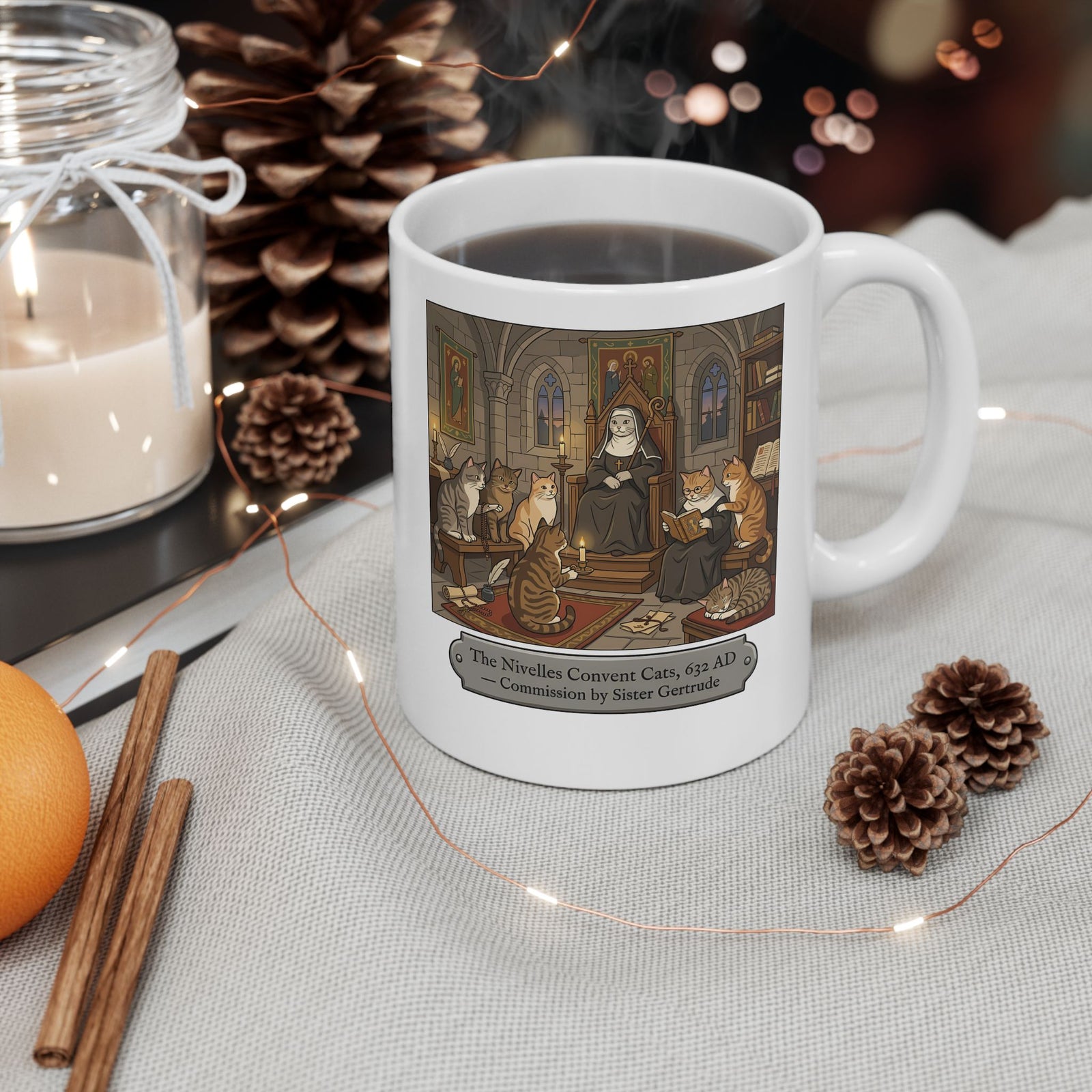 Nivelles Convent Cats Ceramic Mug — Vintage-Inspired Cat Illustration Mug