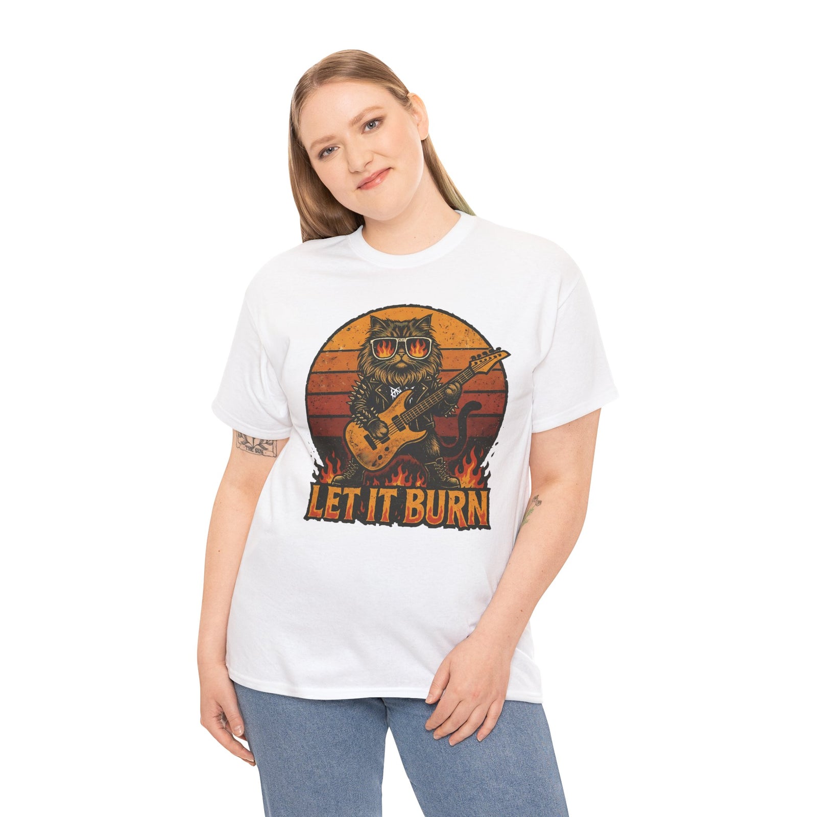 Let It Burn Rocker Cat T-Shirt — Heavy Metal Guitar Feline Graphic