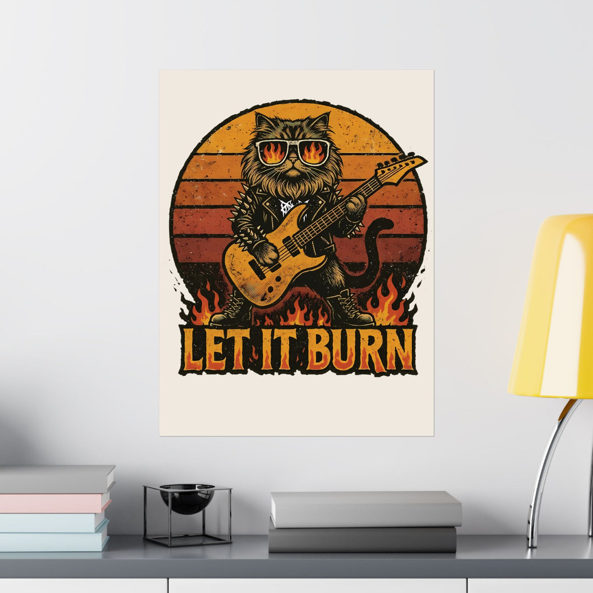 Let It Burn Rocker Cat Poster — Heavy Metal Guitar Feline Graphic