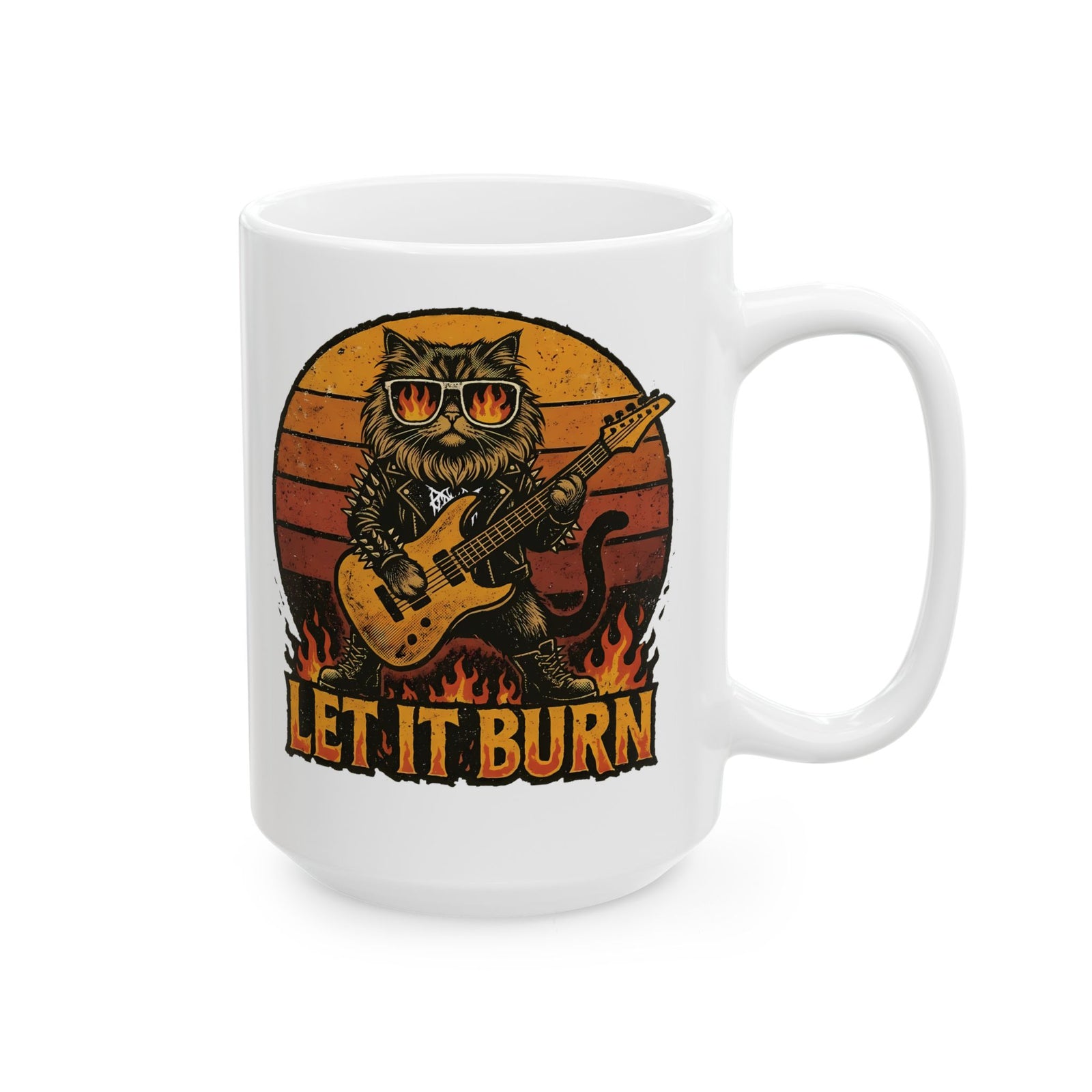 Let It Burn Rocker Cat Ceramic Mug — Heavy Metal Guitar Feline Graphic