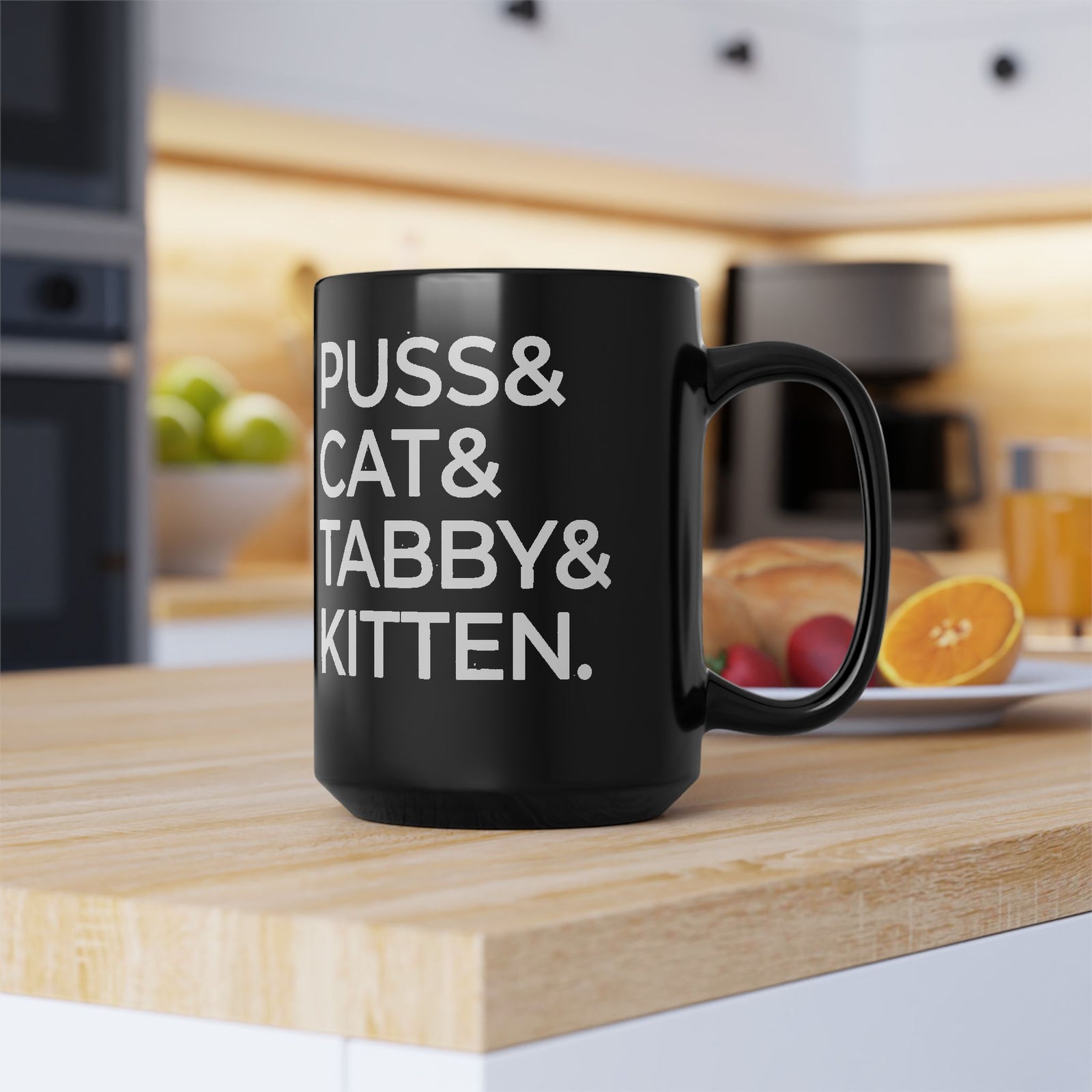 Puss and Kitten Cat Mug — Cute Tabby Cat Graphic Black Mug