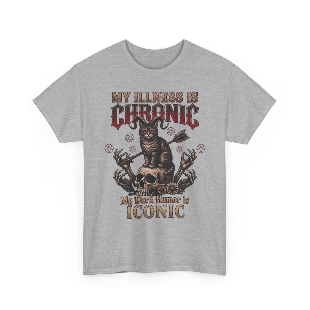 My Illness Is Chronic My Dark Humor Is Iconic T-Shirt — Gothic Horned Cat Tee