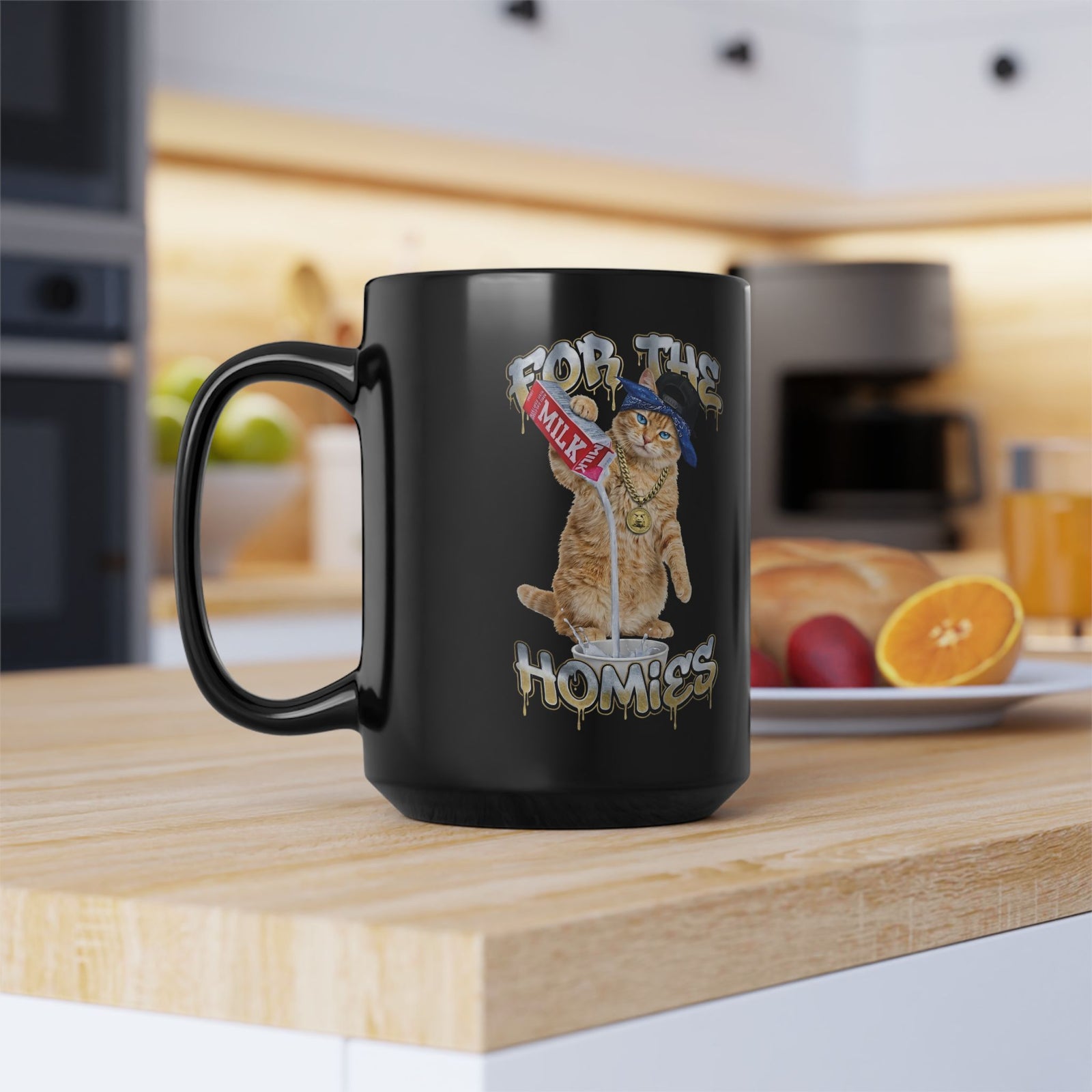 For The Homies Cat Black Mug Funny Gangster Cat Graphic Mug, Milk Pouring Cat Mug, Street Style Cat Lover Gift, Unisex Cotton Black Mug