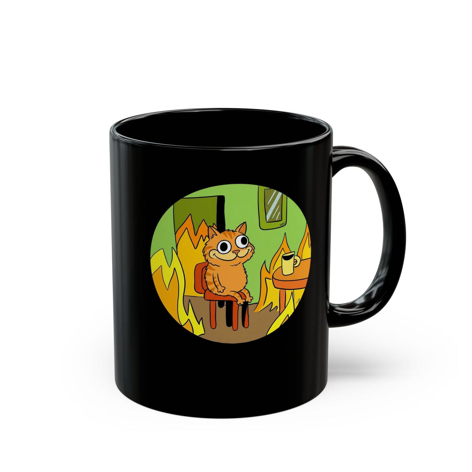This Is Fine Orange Cat Black Mug — Funny Meme Parody Feline Graphic Mug