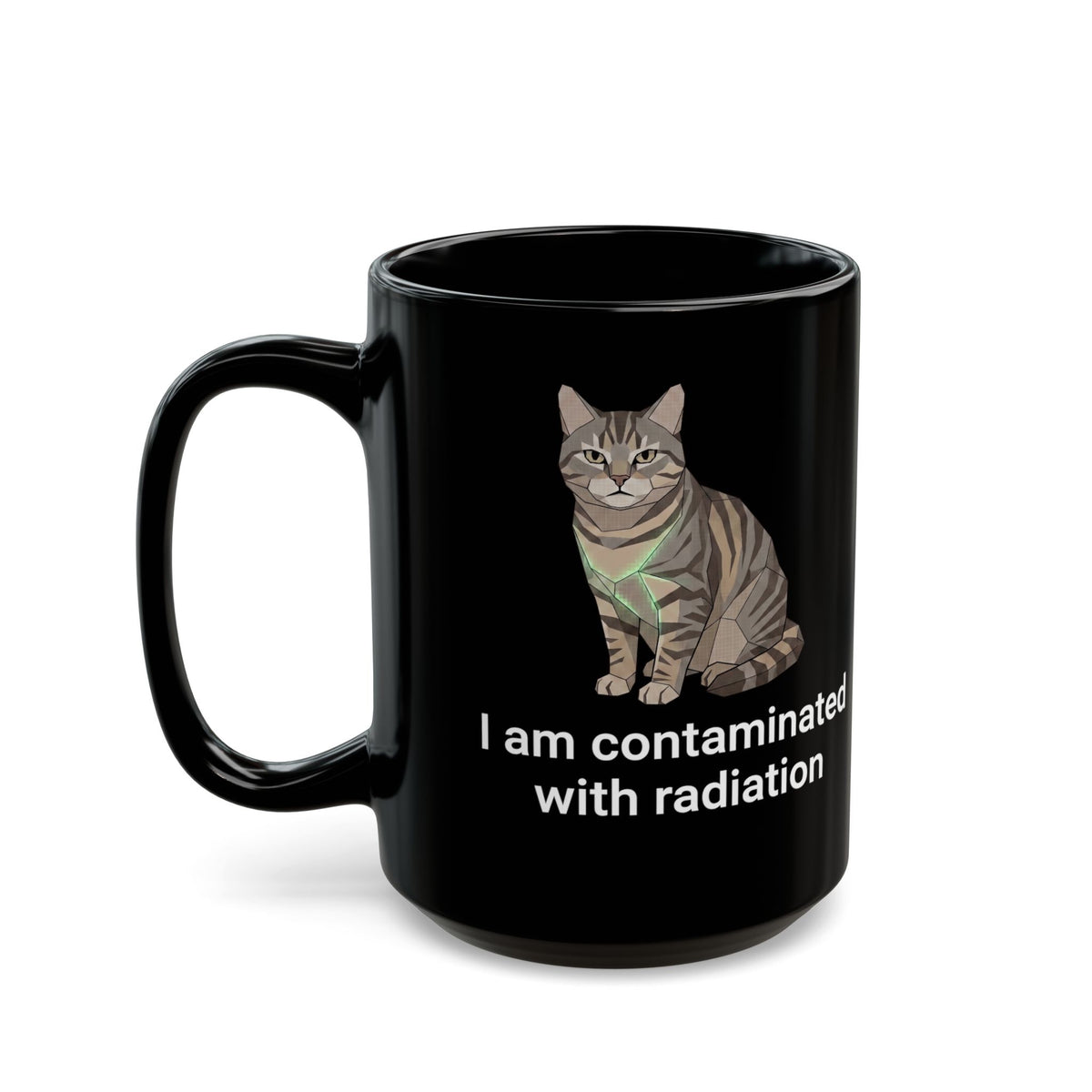 Funny Cat Black Mug "I Am Contaminated with Radiation" Humorous Retro Radioactive Mug