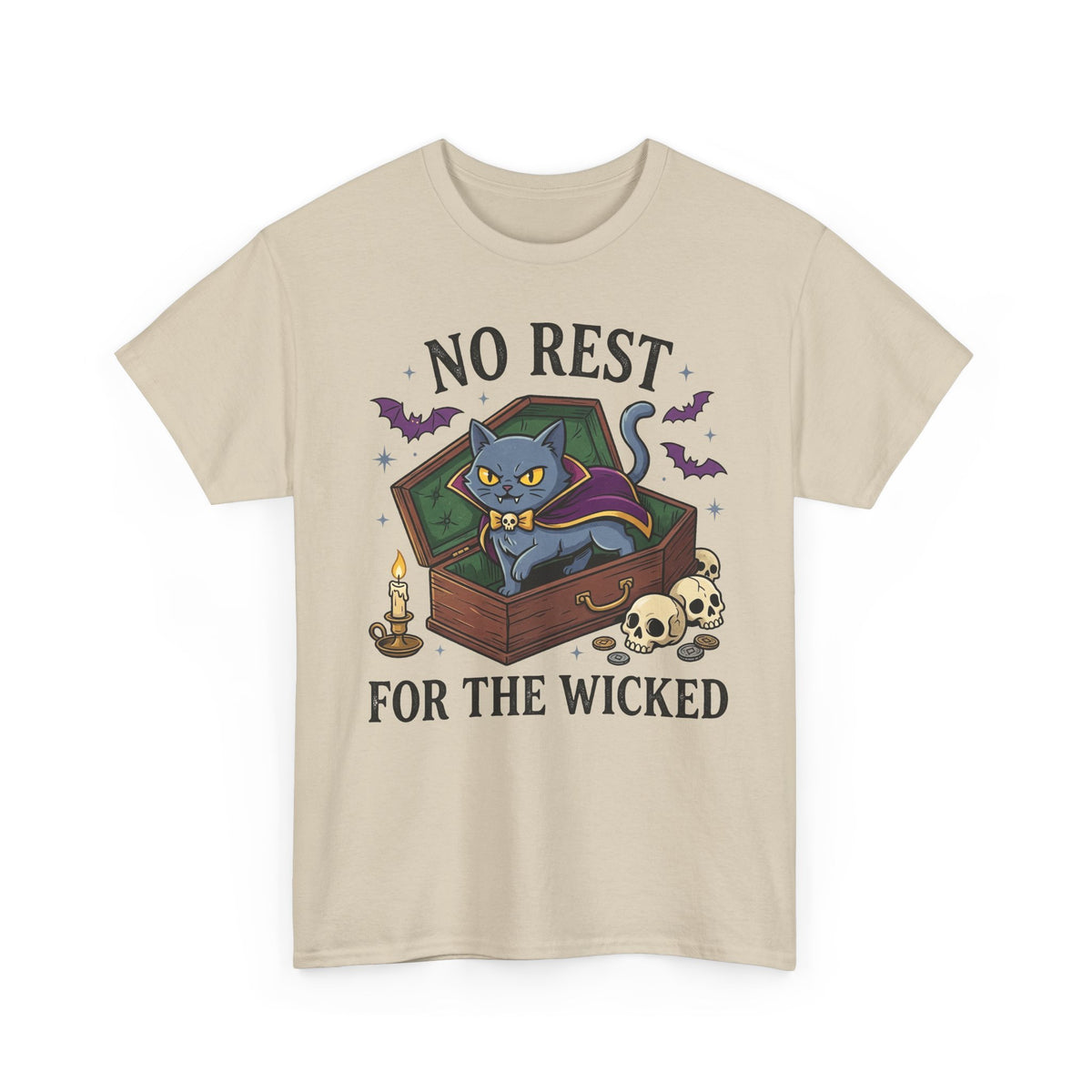 No Rest For The Wicked Cat Tee — Halloween Cat Coffin Graphic T-Shirt