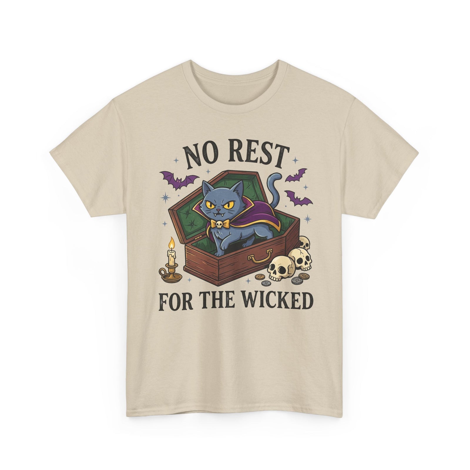 No Rest For The Wicked Cat Tee — Halloween Cat Coffin Graphic T-Shirt