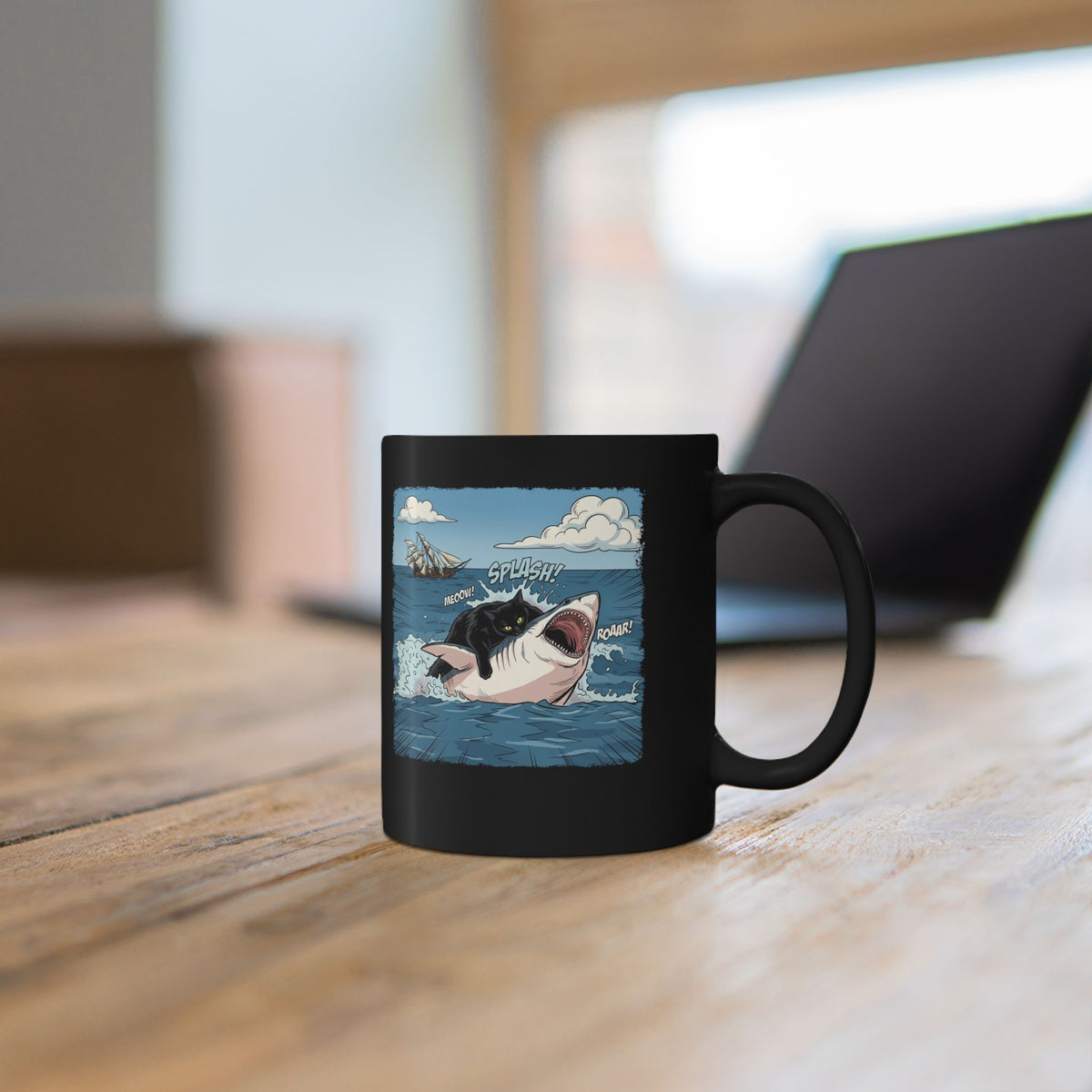Black Cat Vs White Shark Black Mug — Funny Comic Book Ocean Battle Mug