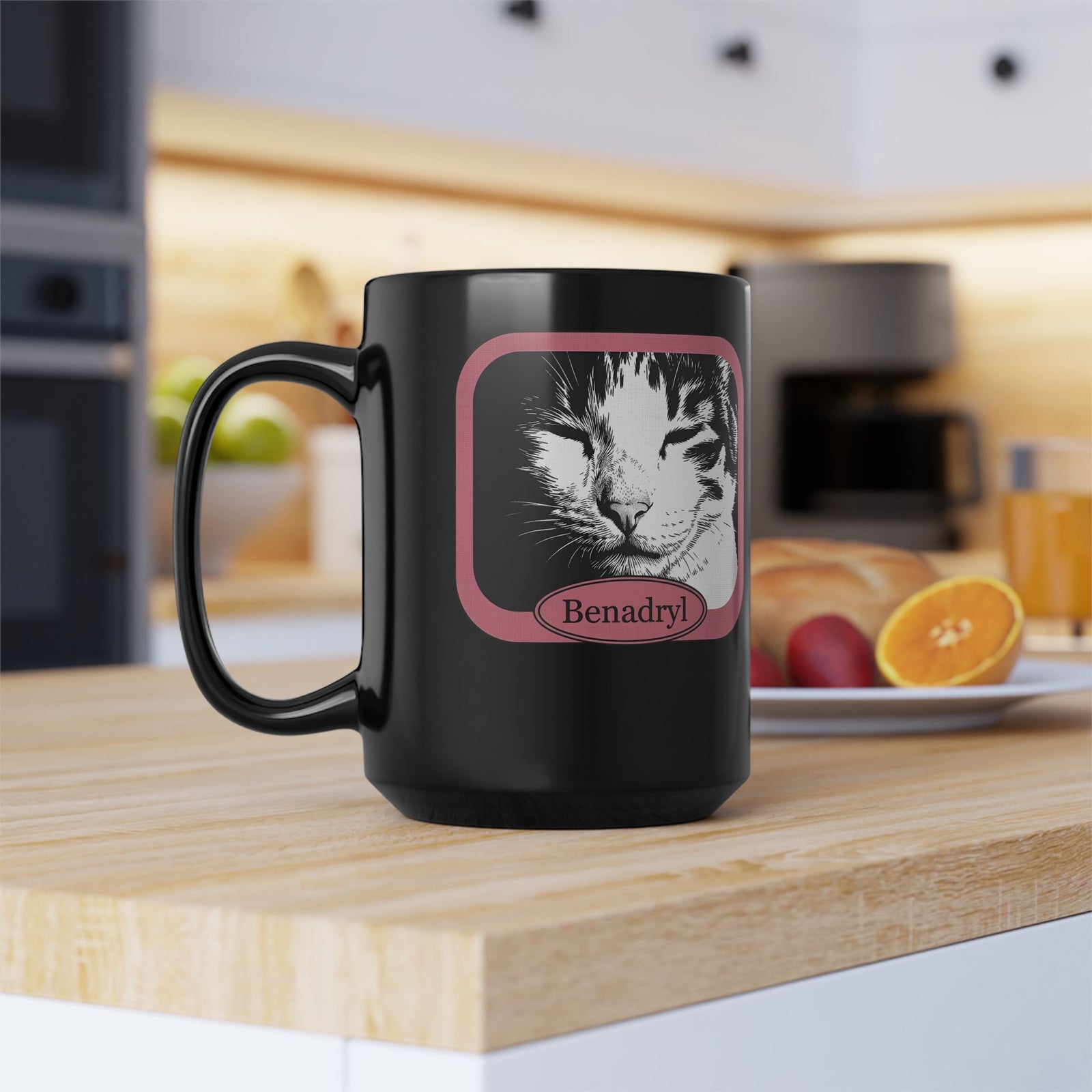 Cat After Benadryl Black Mug — Funny Groggy Cat Mug