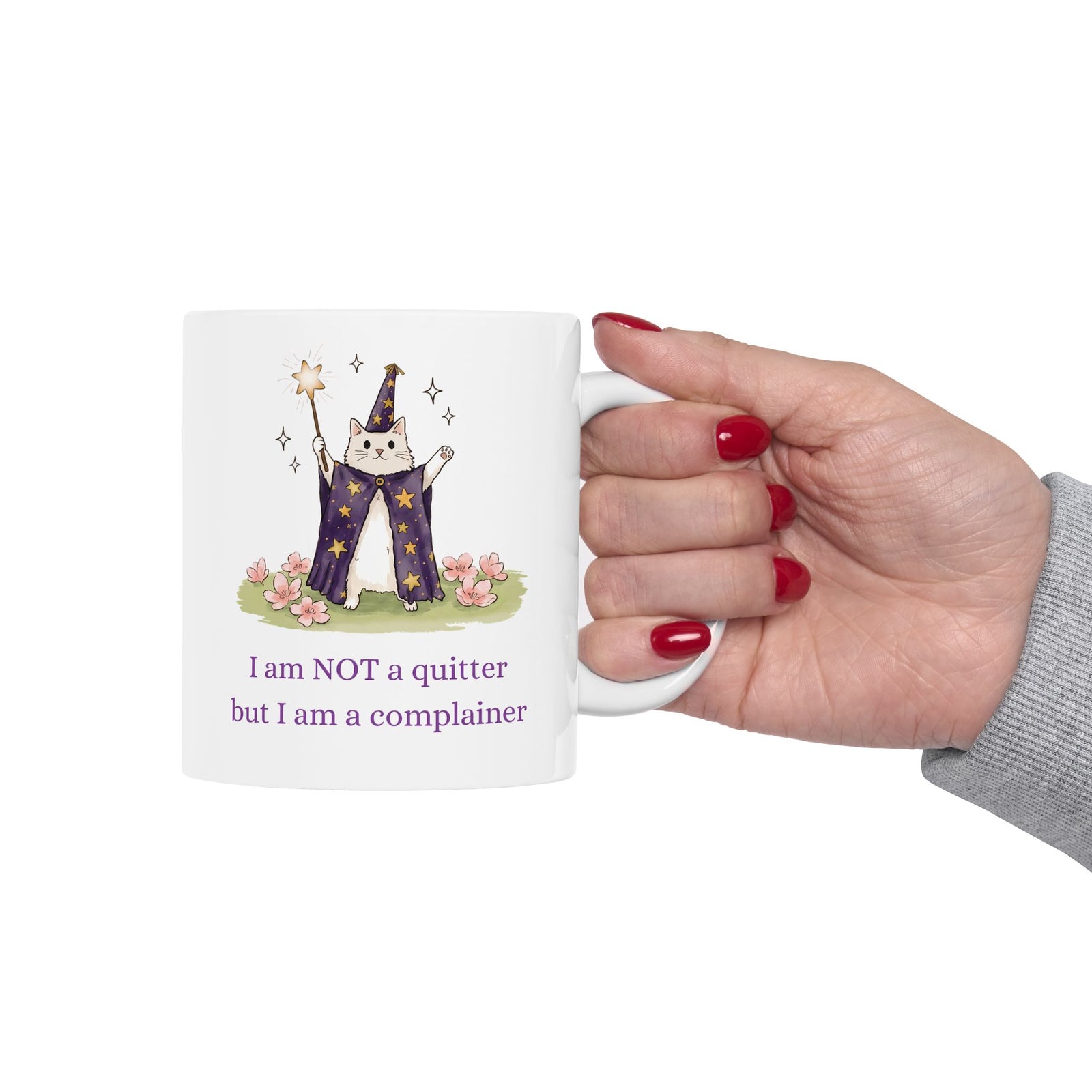 Funny Wizard Cat Ceramic Mug — Whimsical Magical Feline Complainer Drinkware