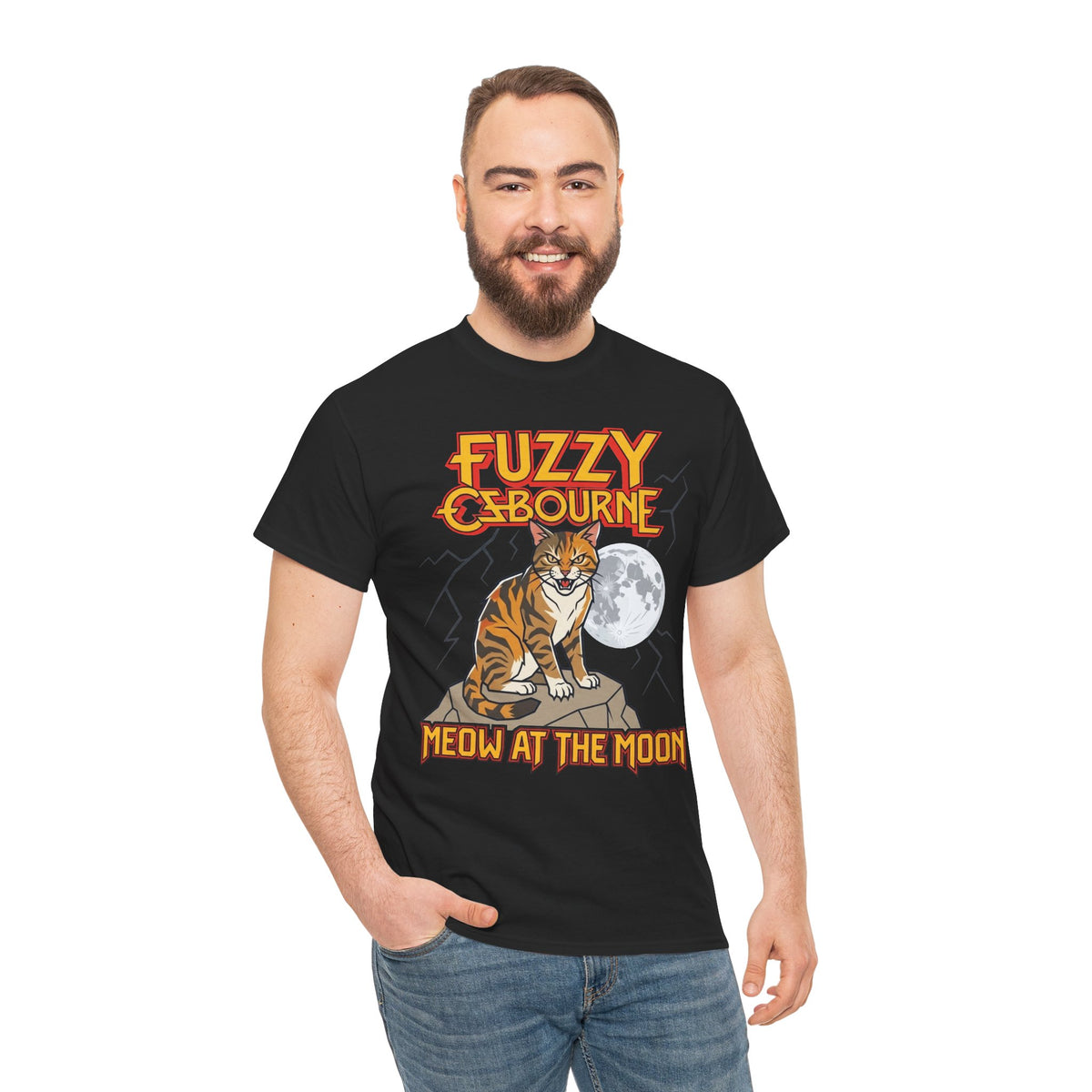 Fuzzy Osbourne "Meow at the Moon" Graphic Tee - Retro Cat Band Shirt