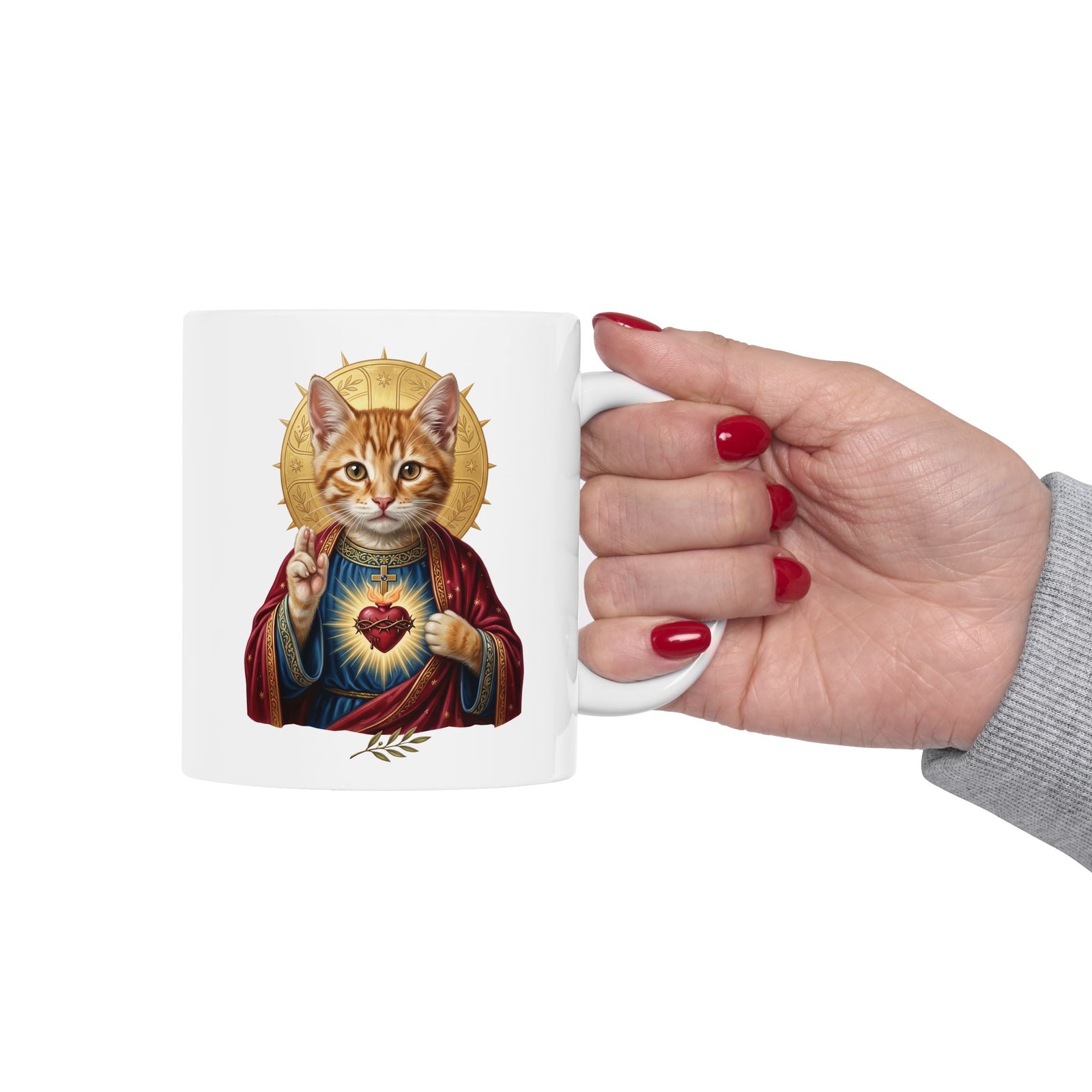 Sacred Heart Cat Ceramic Mug — Christian Religious Cat Lover Graphic Mug