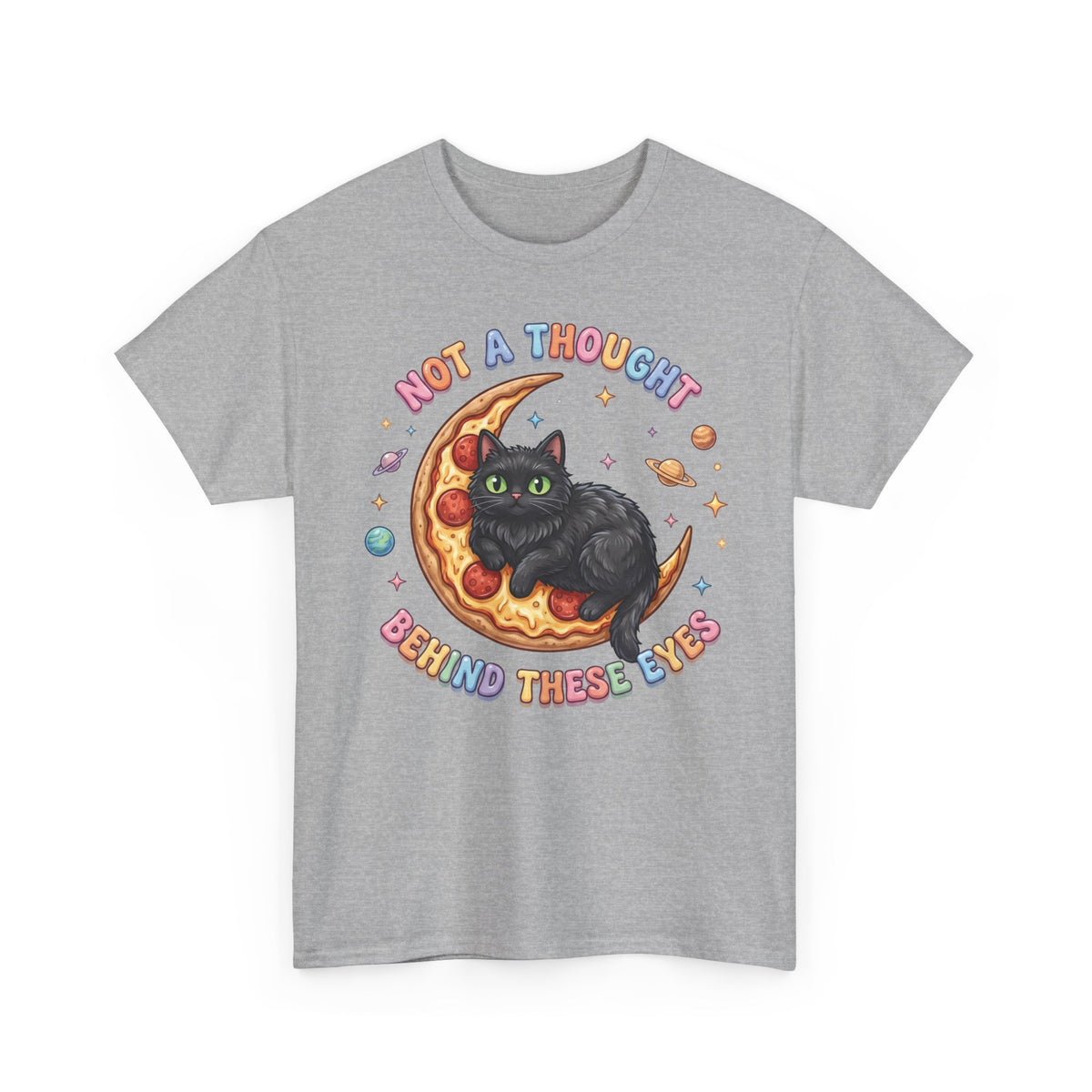 Not A Thought Behind These Eyes T-Shirt — Funny Black Cat Pizza Moon Tee