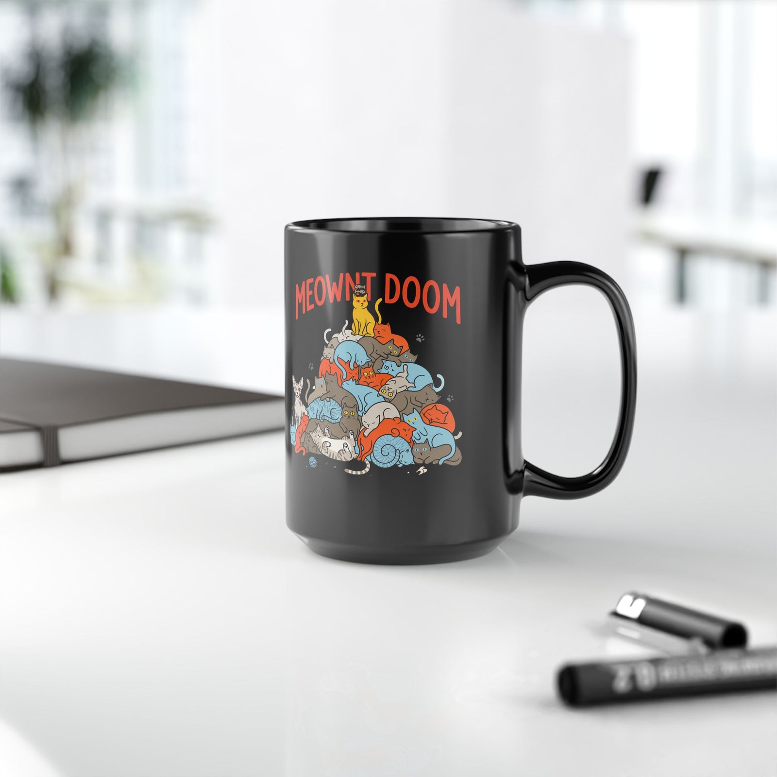 Meownt Doom Black Mug — Funny Cat 'meownt doom' Graphic Mug