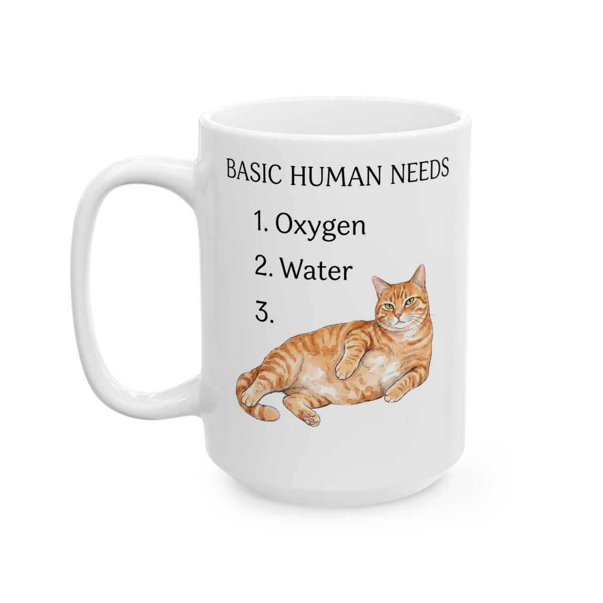 Basic Human Needs Orange Cat Ceramic Mug — Funny Sarcastic Tabby Mug