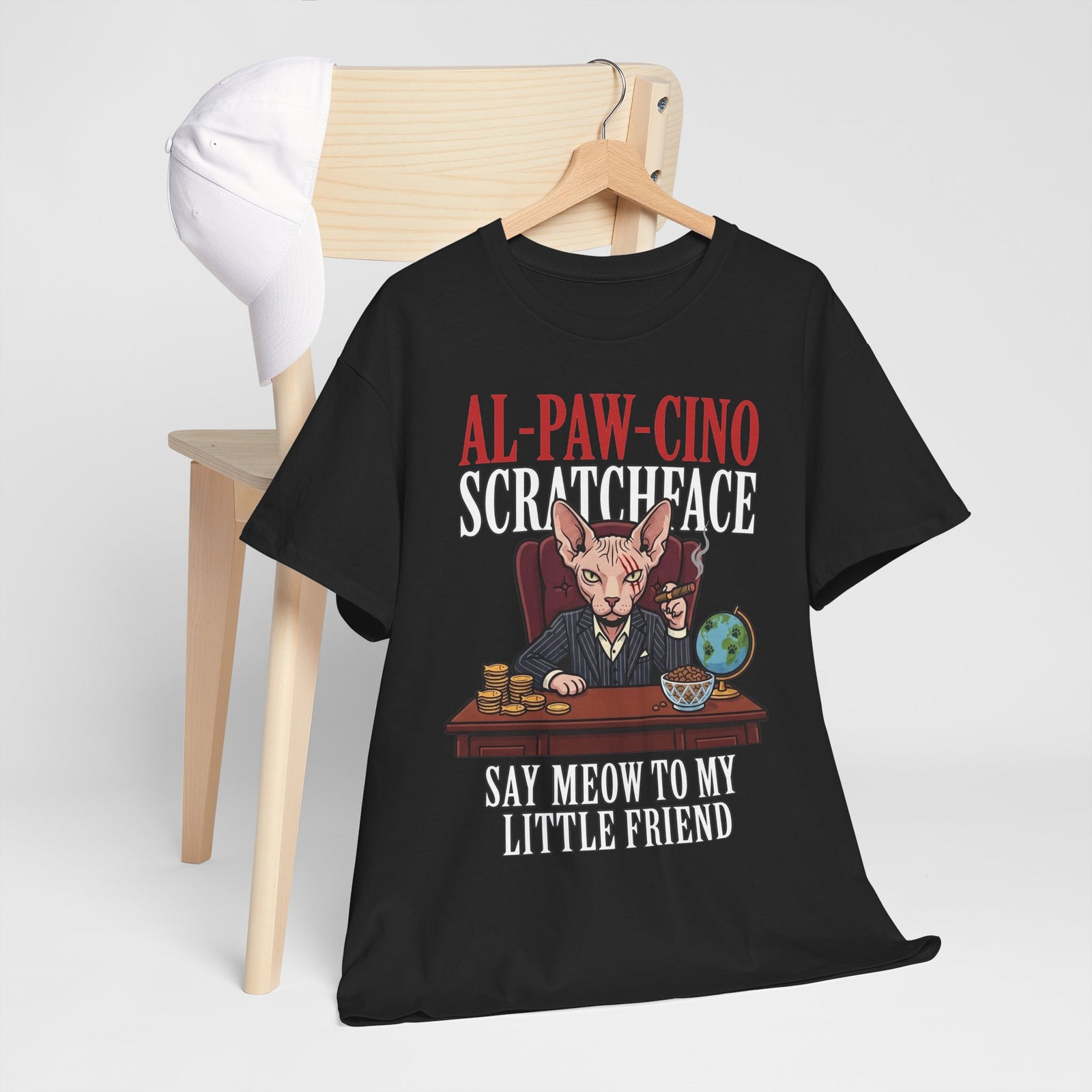 Al-Paw-Cino Scratcheace T-Shirt – Funny Cat Mafia 'Say Meow to My Little Friend' Tee
