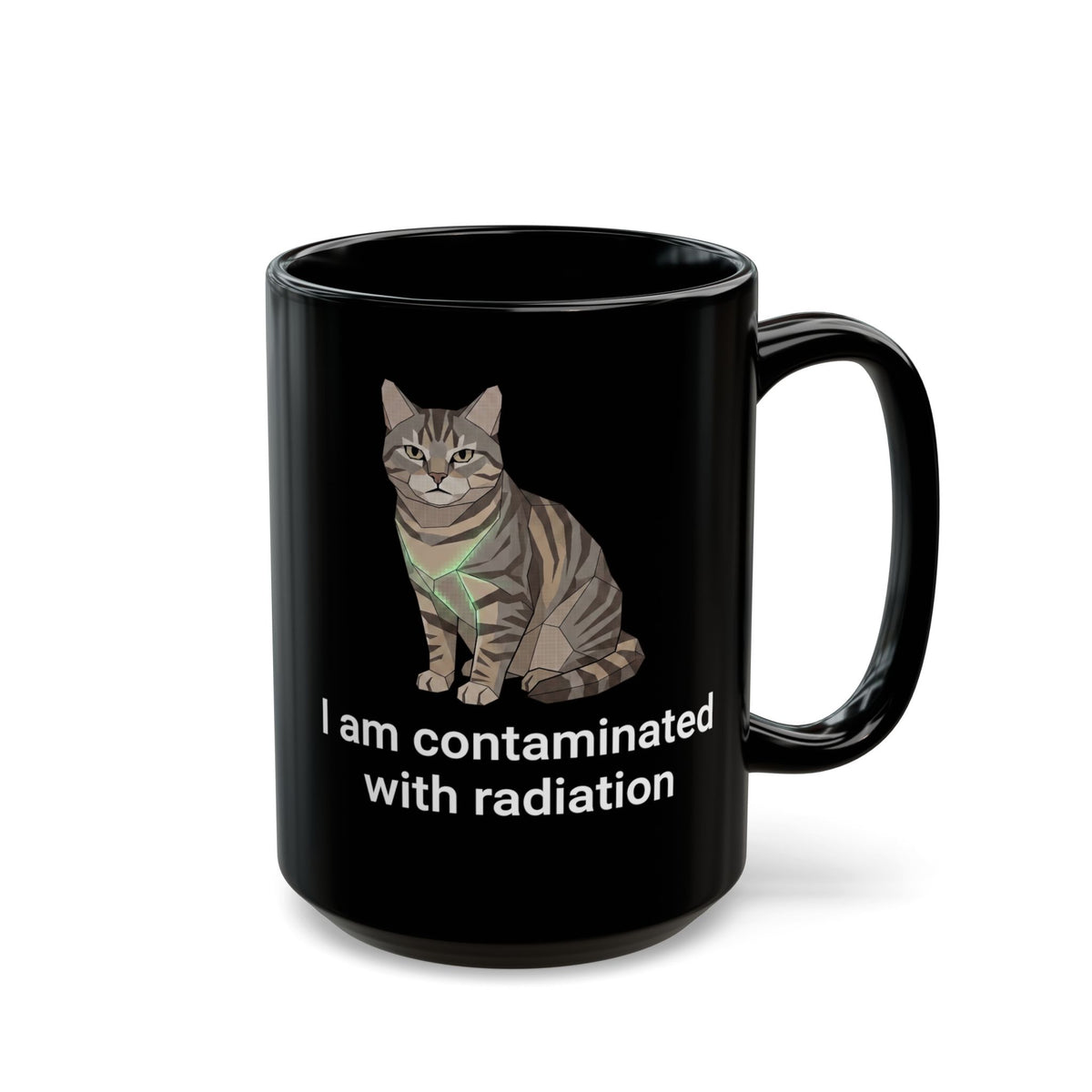 Funny Cat Black Mug "I Am Contaminated with Radiation" Humorous Retro Radioactive Mug
