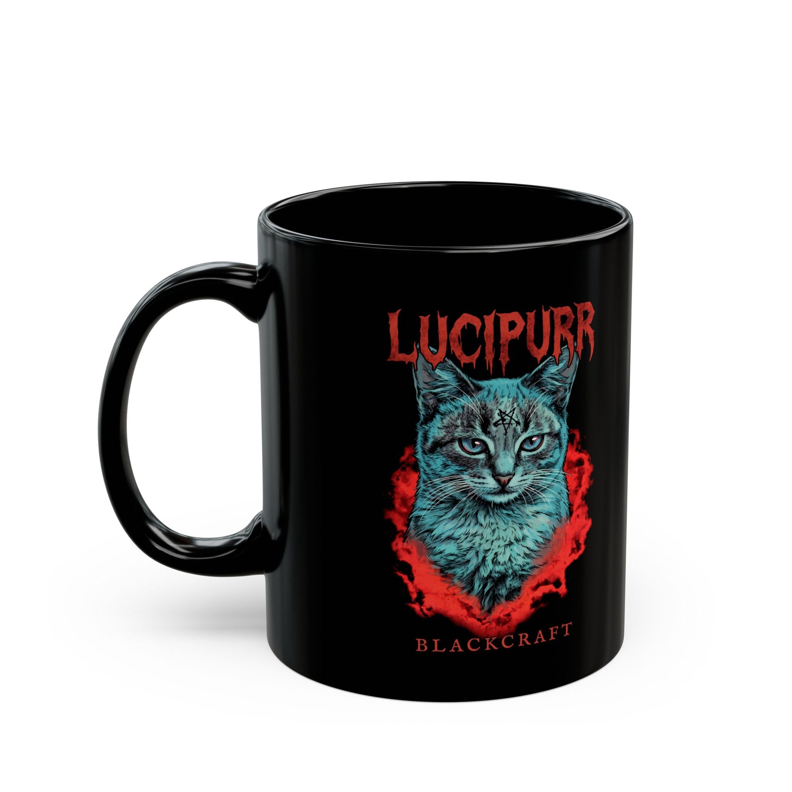 Lucipurr Blackcraft Black Mug — Edgy Heavy Metal Satanic Cat Graphic Mug