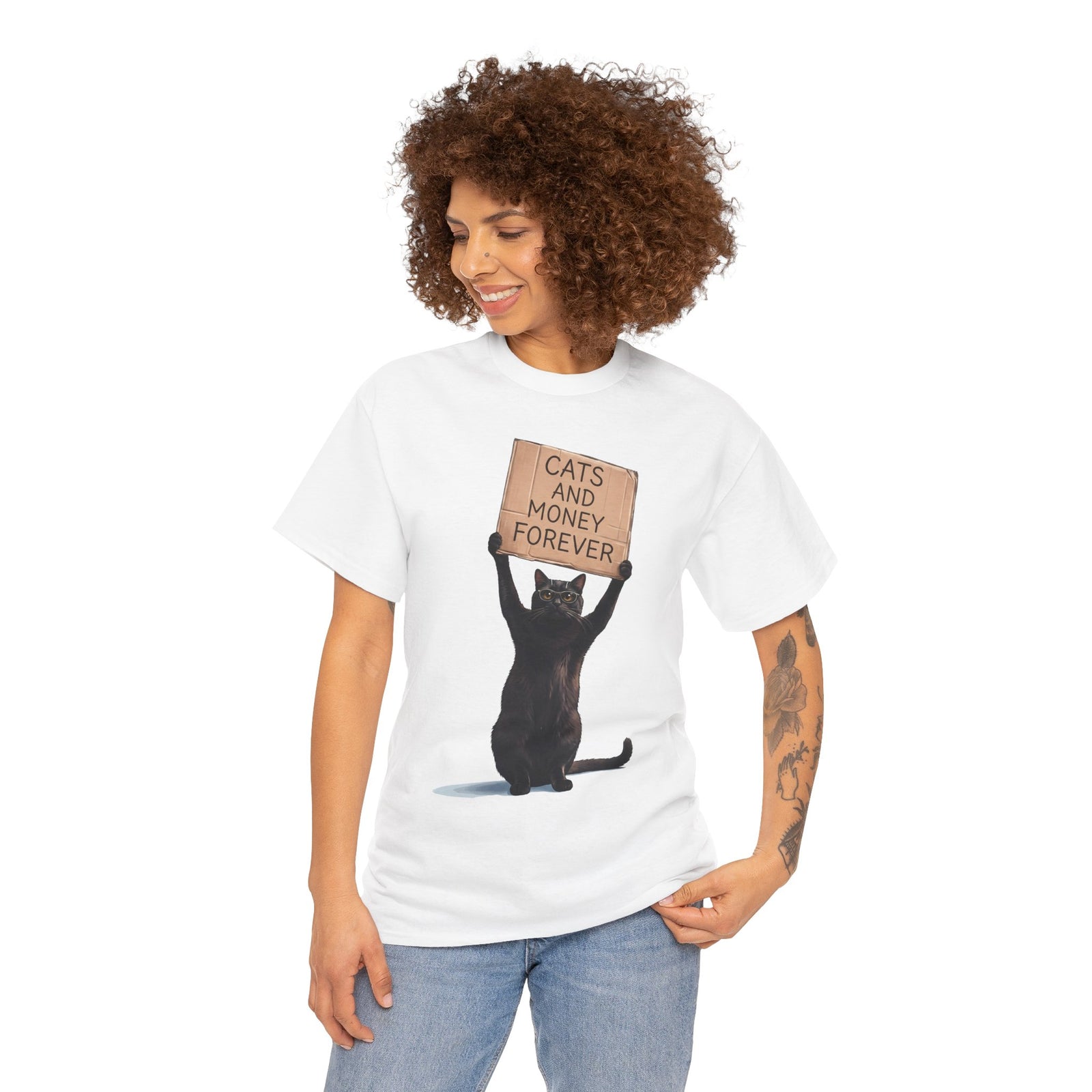 Cats And Money Forever T-Shirt — Funny Black Cat Cardboard Sign Meme Tee