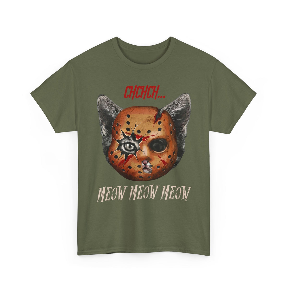 Horror Cat Tee  “Meow Meow Meow” Jason Mask Kitty Graphic T-Shirt
